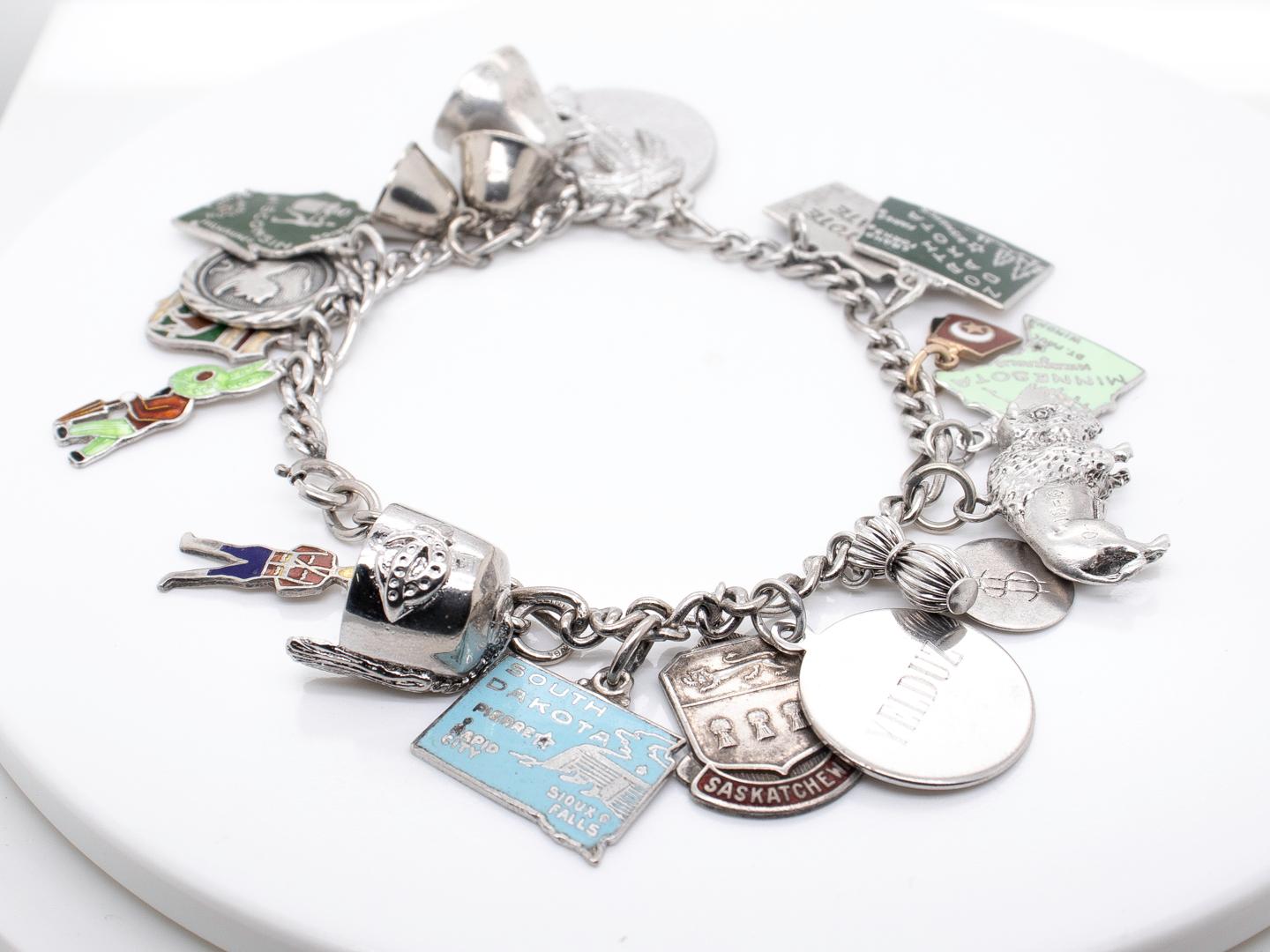 Women's Estate Mid-Century Sterling Silver & Enamel Mid-Western States Charm Bracelet For Sale