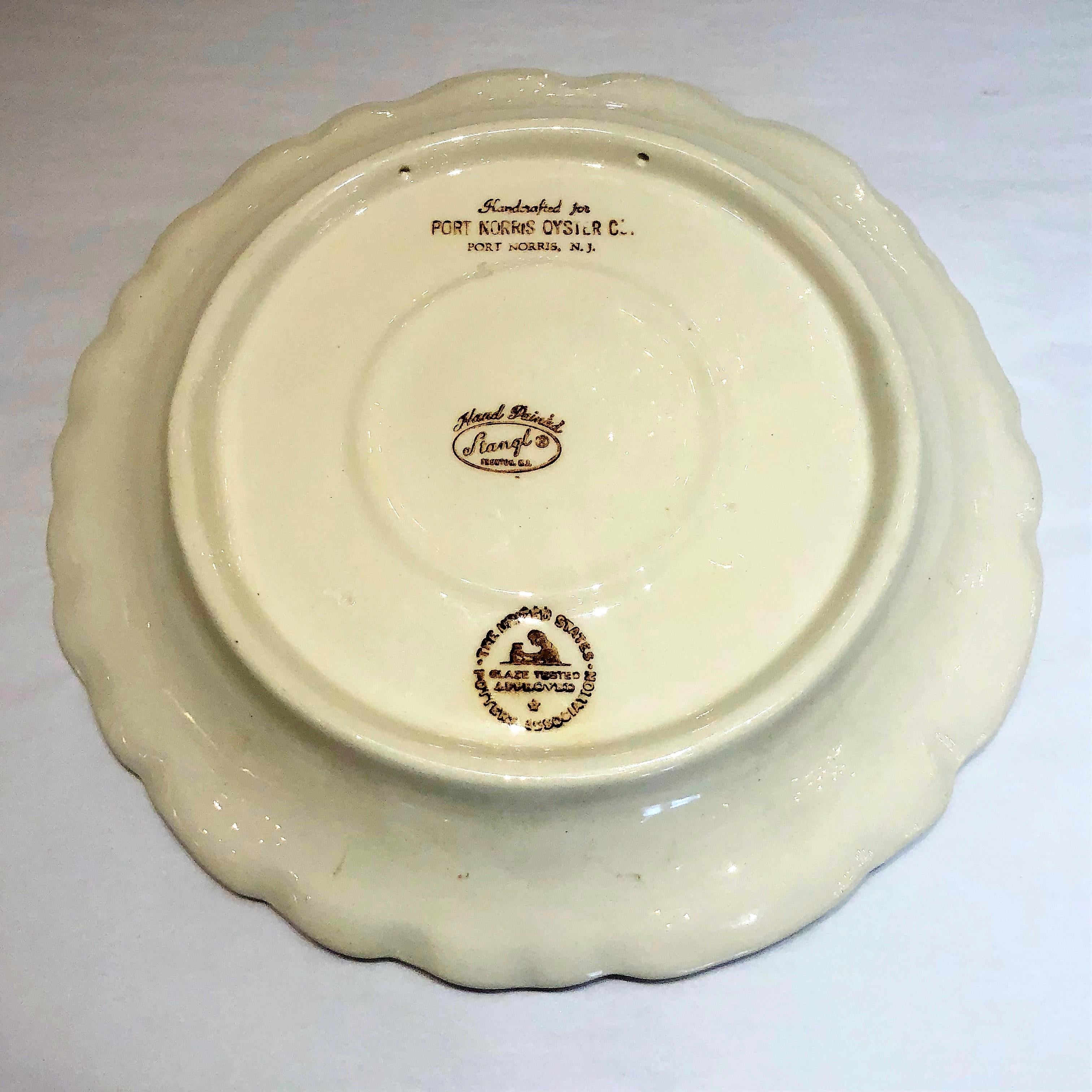 Estate midcentury American oyster plate made in a Turkey pattern by Stangl Pottery, New Jersey. Made for Port Norris Oyster Co.