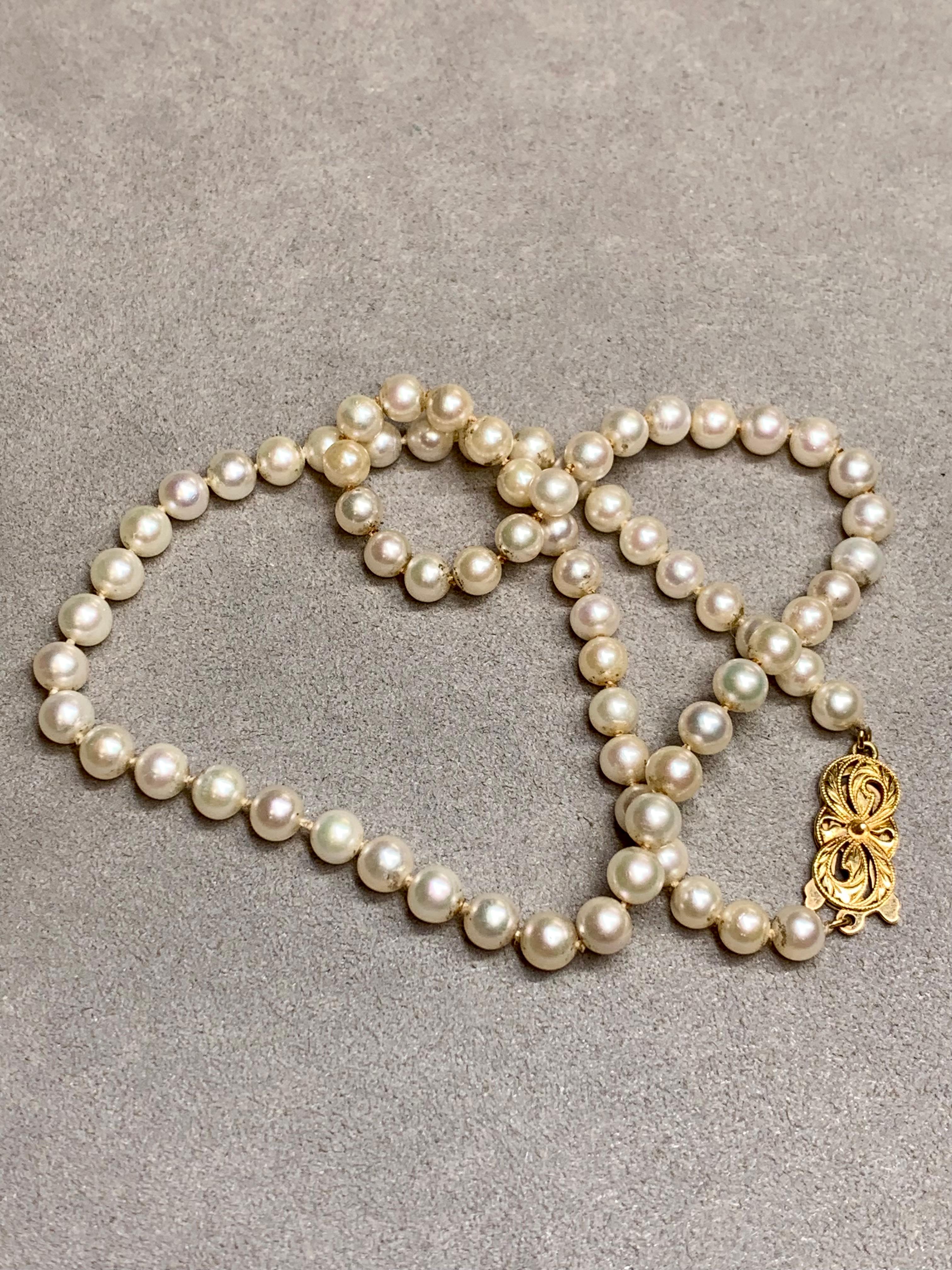 An original single pearl strand by Mikimoto strung with numerous 5.30-5.50mm freshwater akoya pearls. A lovely addition for the Mikimoto collector or anyone who enjoys that classic, elegant look of a simple and understated strand of