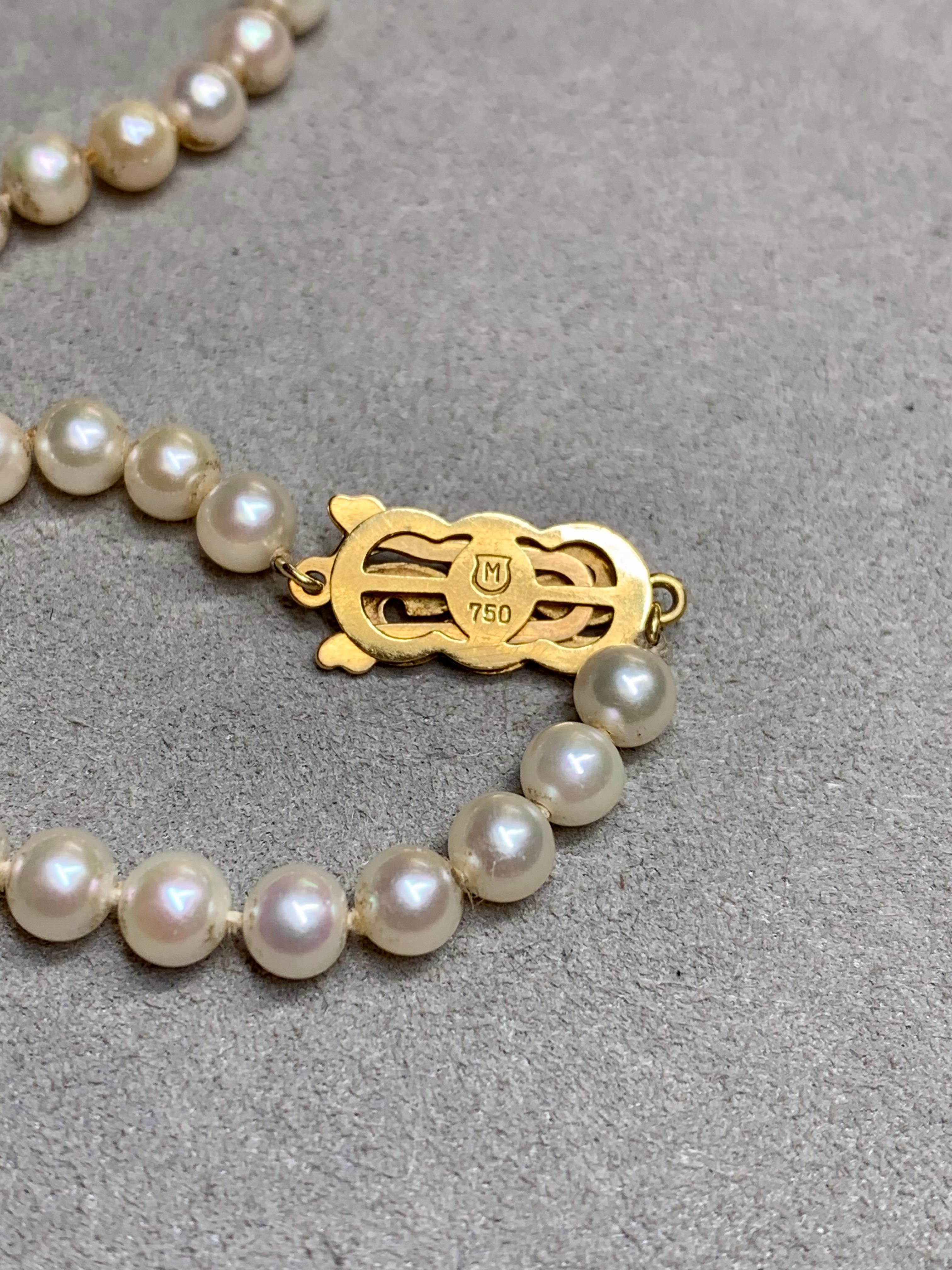 Uncut Estate Mikimoto 18K Yellow Gold 5.40mm Pearl Strand Necklace 16.25” For Sale