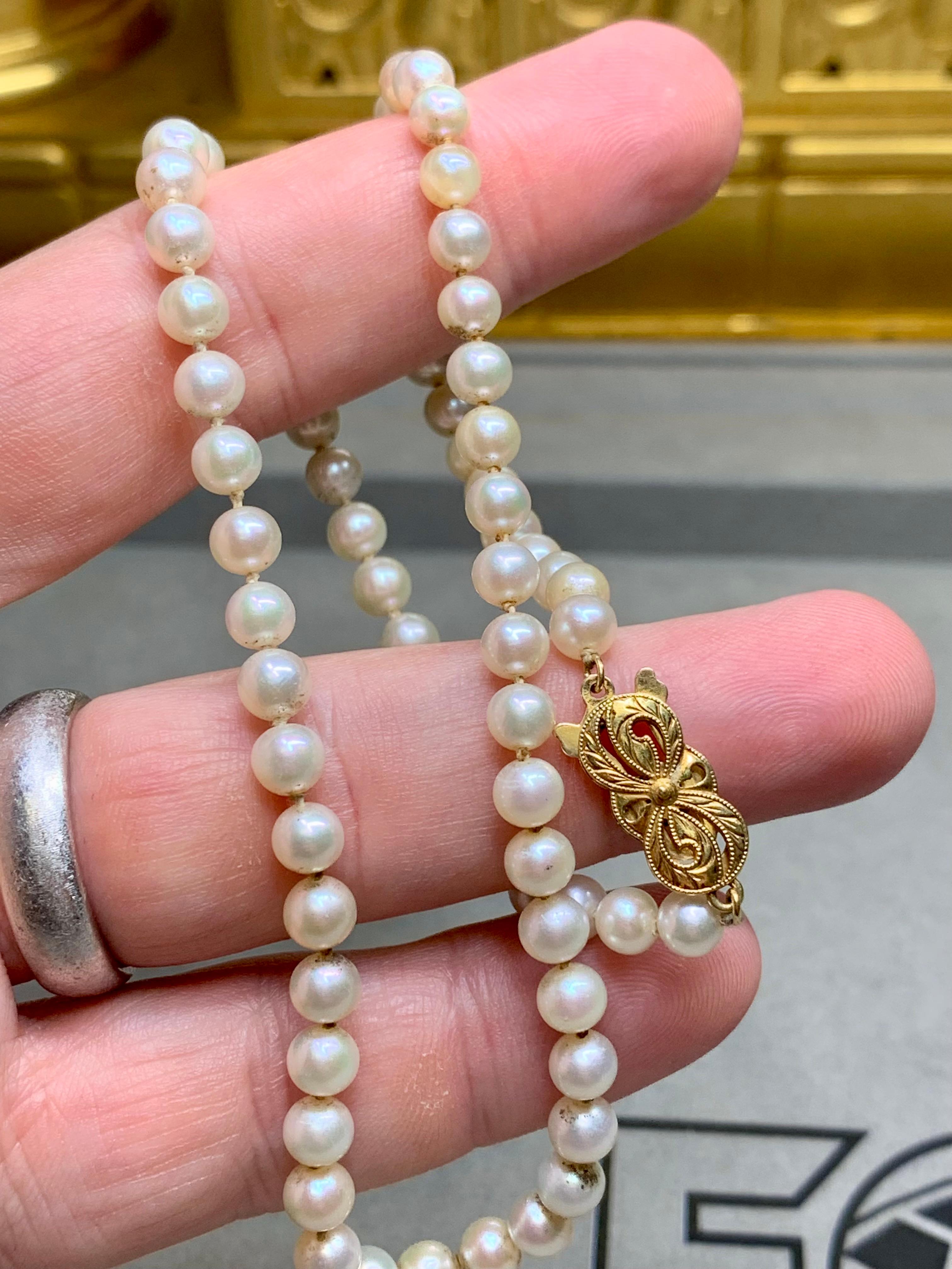 Estate Mikimoto 18K Yellow Gold 5.40mm Pearl Strand Necklace 16.25” In Good Condition For Sale In Winter Springs, FL