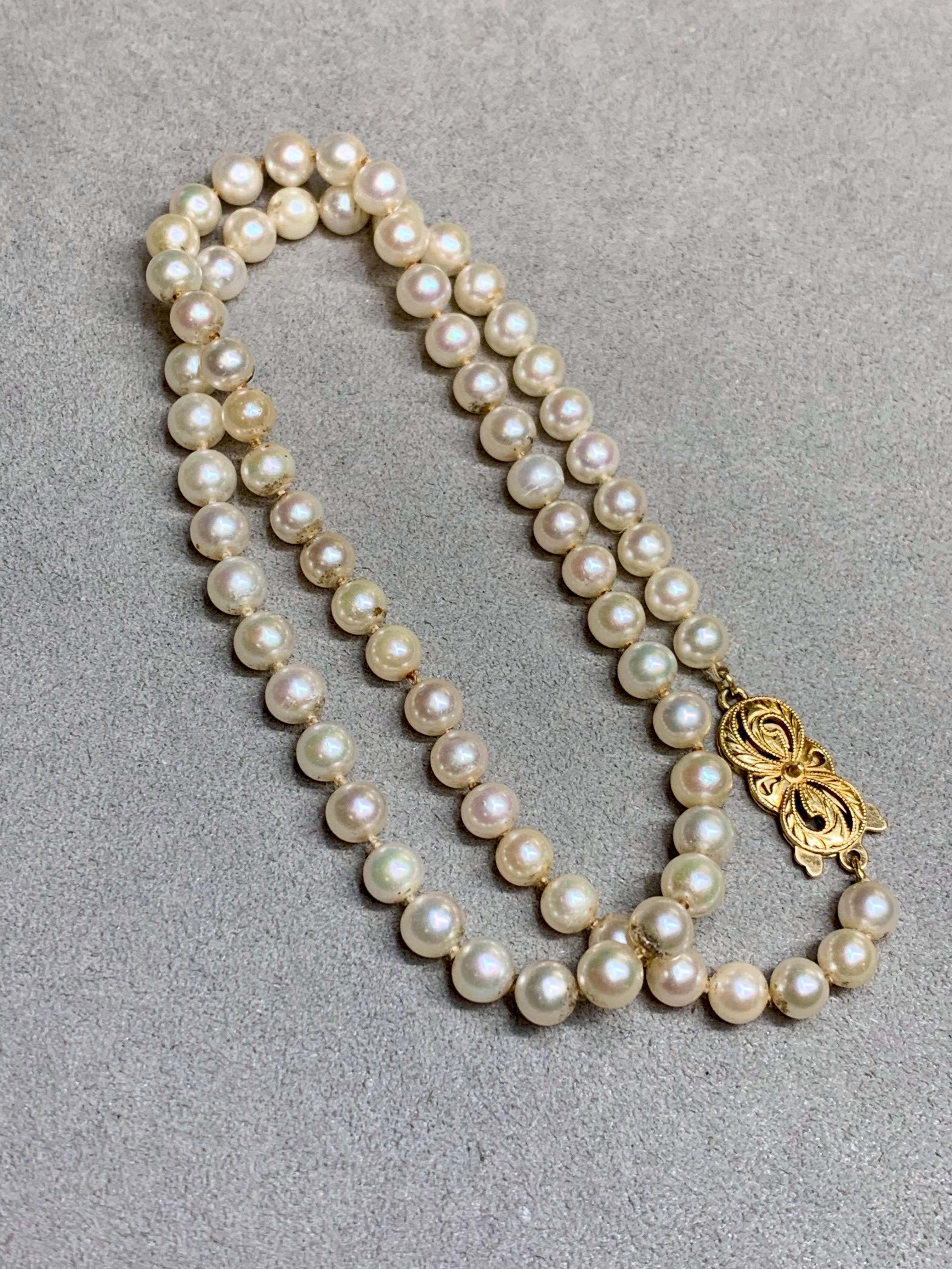 Women's or Men's Estate Mikimoto 18K Yellow Gold 5.40mm Pearl Strand Necklace 16.25” For Sale