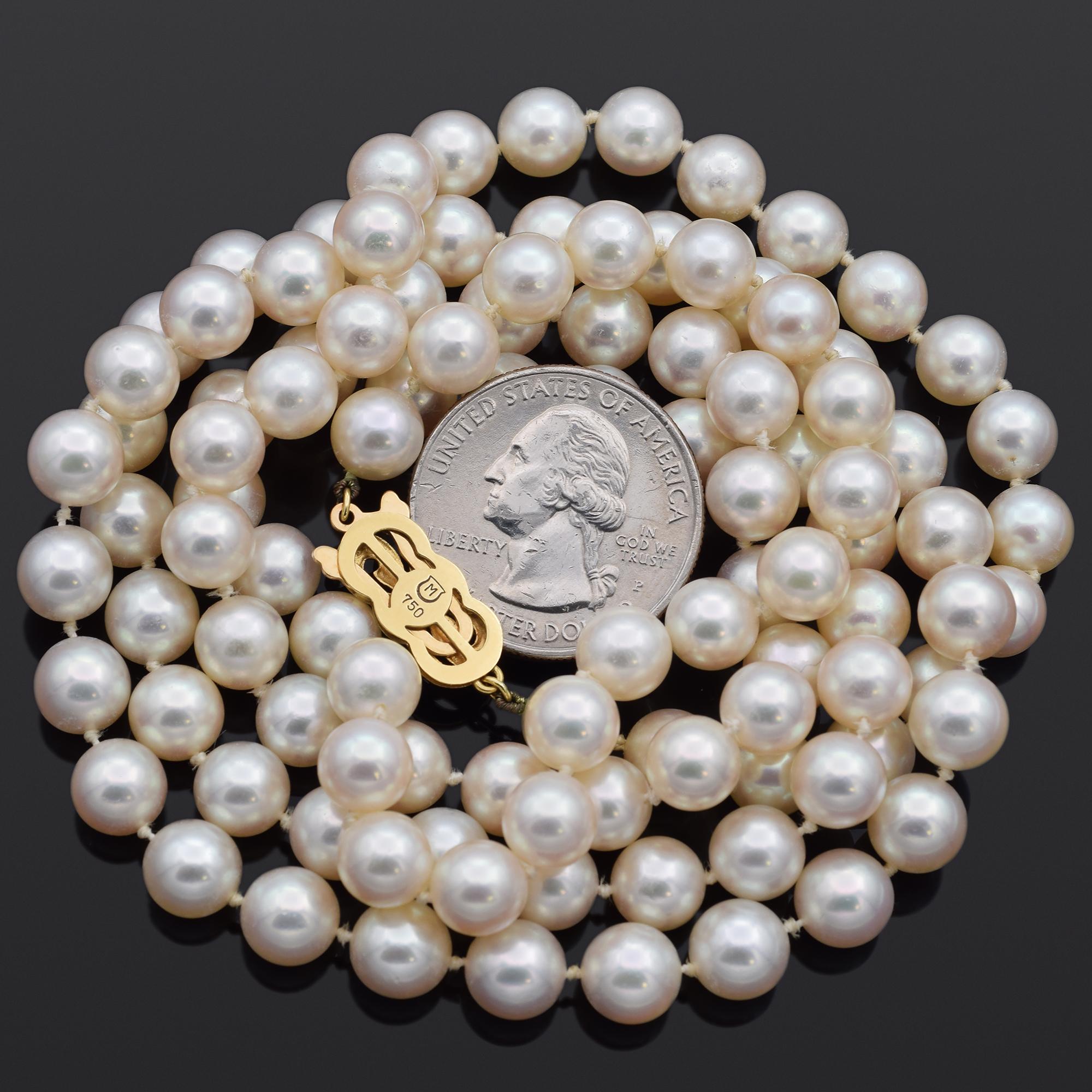 Nachlass Mikimoto 7,5-8,0 mm Perle Gelbgold Perlen Gelbgold Perlen Perlenstrang Halskette 36 Zoll (Rundschliff) im Angebot