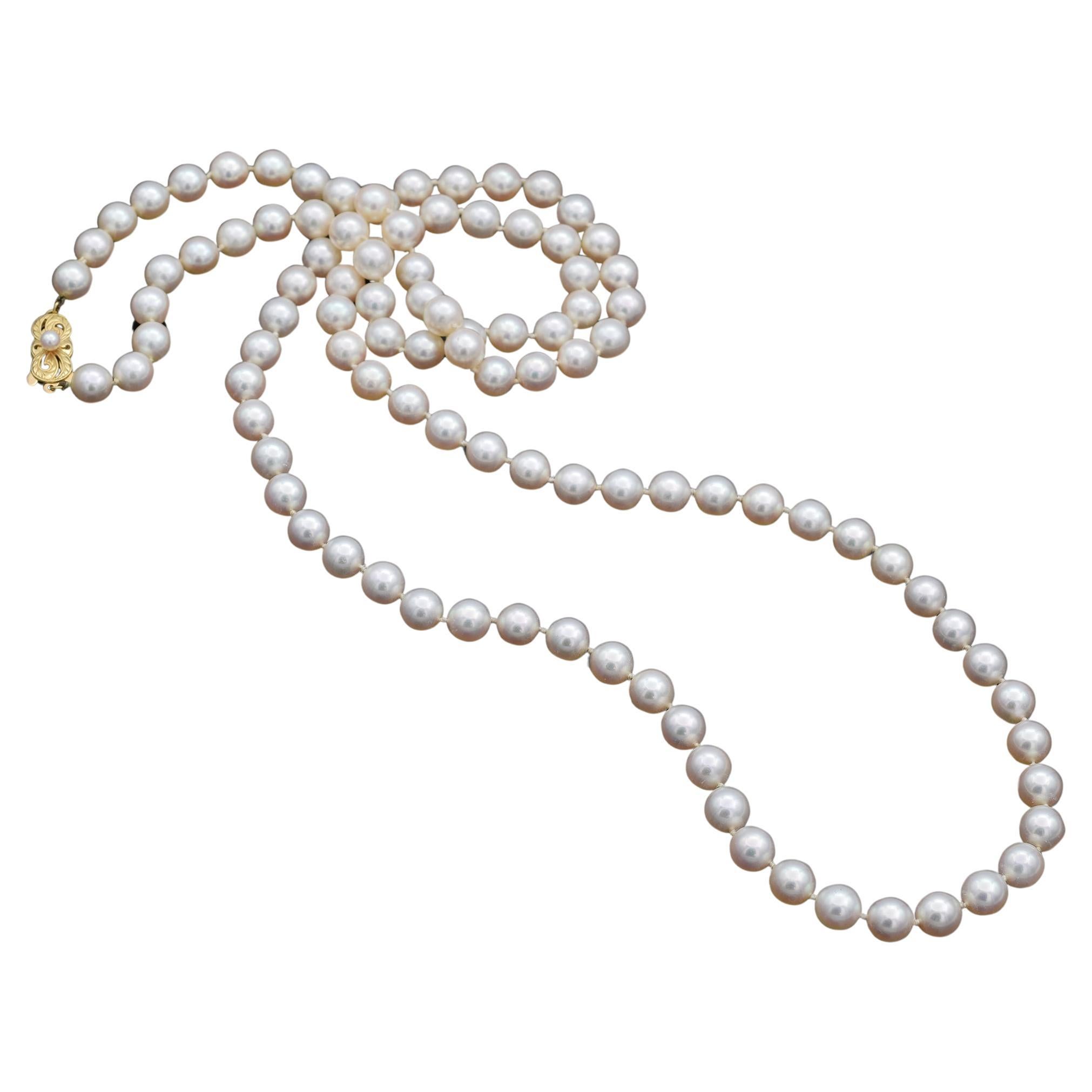 Estate Mikimoto 7.5-8.0 mm Pearl Yellow Gold Beaded Strand Necklace 36Inches For Sale
