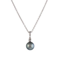 Estate Mikimoto Cultured Black Pearl Diamond Necklace 18k White Gold Jewelry