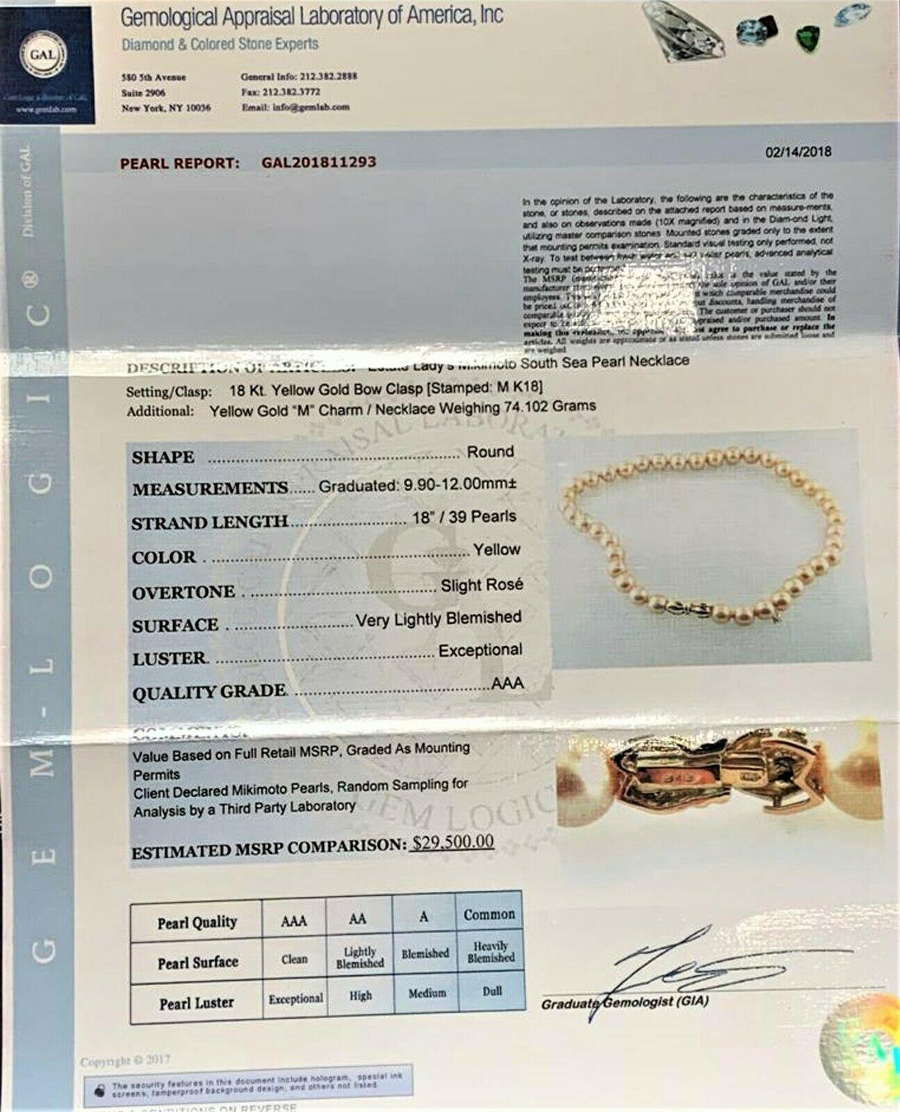 Estate Mikimoto South Sea Golden 18 Karat Necklace Certified 1
