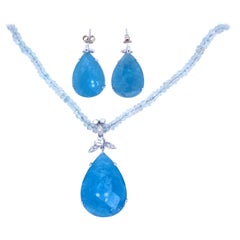 Estate Milk Aquamarine Diamond Necklace Earrings Gold Set