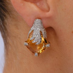 Estate Modernist 16 Carat Citrine & Pavè Diamond 14k Gold Earrings