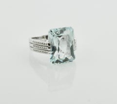 Estate Modernistic Aquamarine and Diamond Ring in White Gold