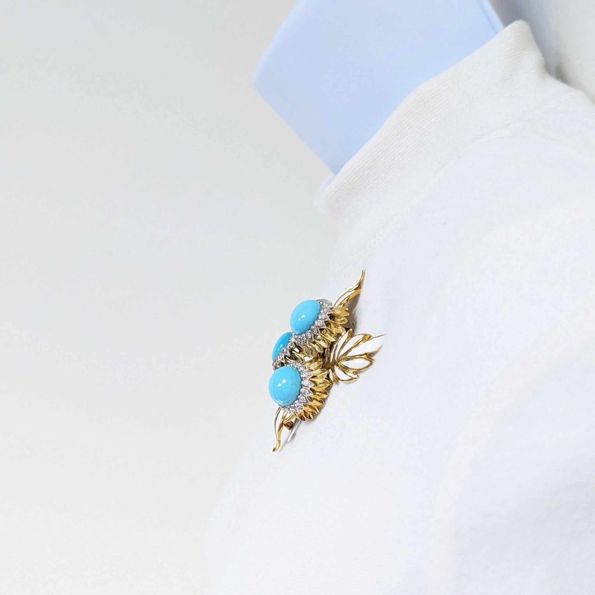 Round Cut Estate Montclair Turquoise Cabochon & White Diamond Brooch in 18K Yellow Gold