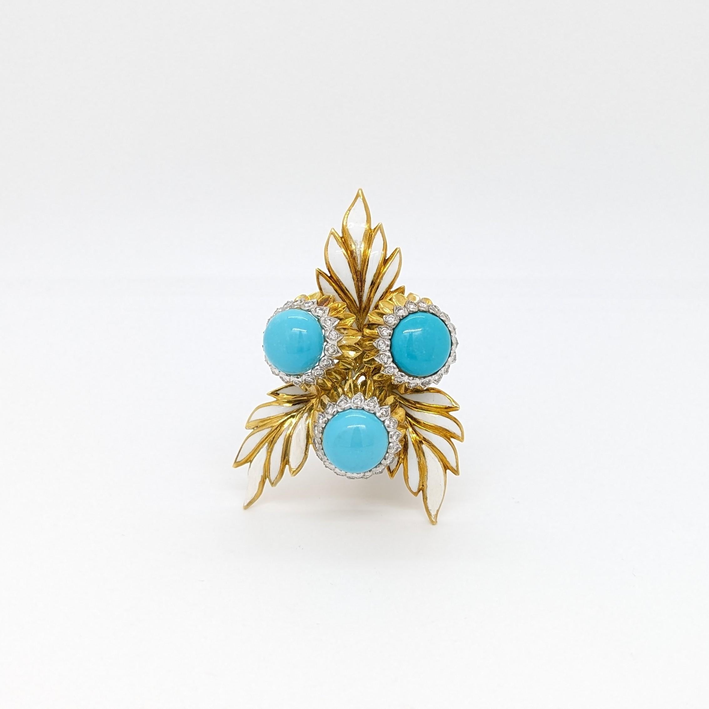 Estate Montclair Turquoise Cabochon & White Diamond Brooch in 18K Yellow Gold In New Condition In Los Angeles, CA