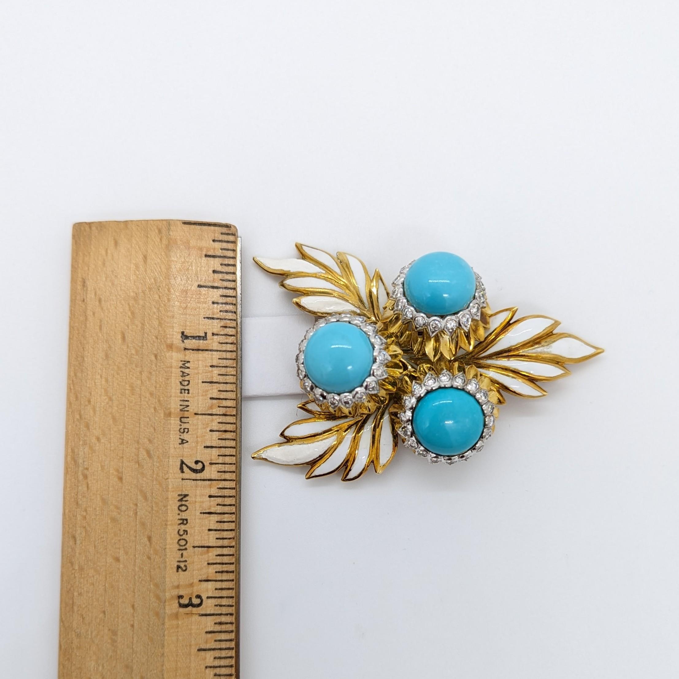 Estate Montclair Turquoise Cabochon & White Diamond Brooch in 18K Yellow Gold 2