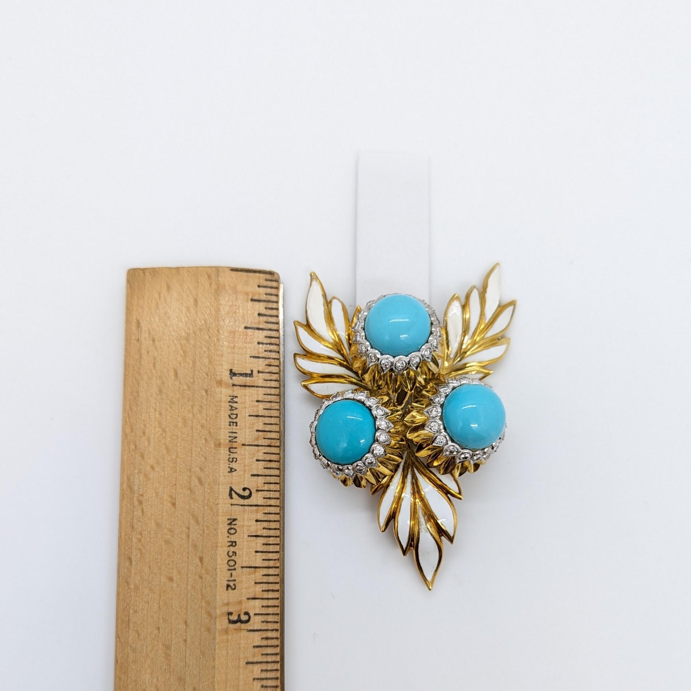 Estate Montclair Turquoise Cabochon & White Diamond Brooch in 18K Yellow Gold 3
