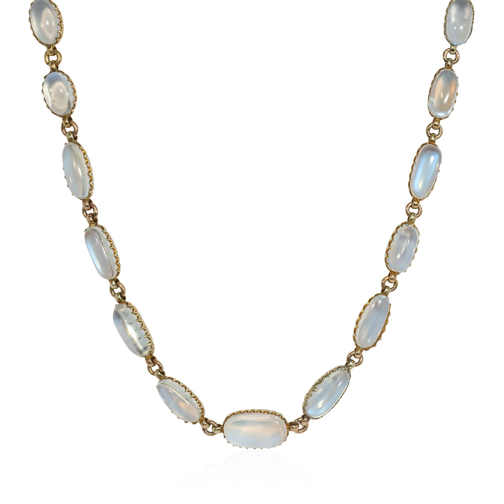 A gold and moonstone antique style rivière necklace comprised of graduated oblong cabochon moonstones in claw settings, in 14k.