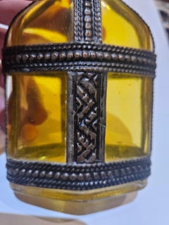 Estate Moroccan Stained Yellow Glass Perfume / Cologne Bottle Silver Filigree