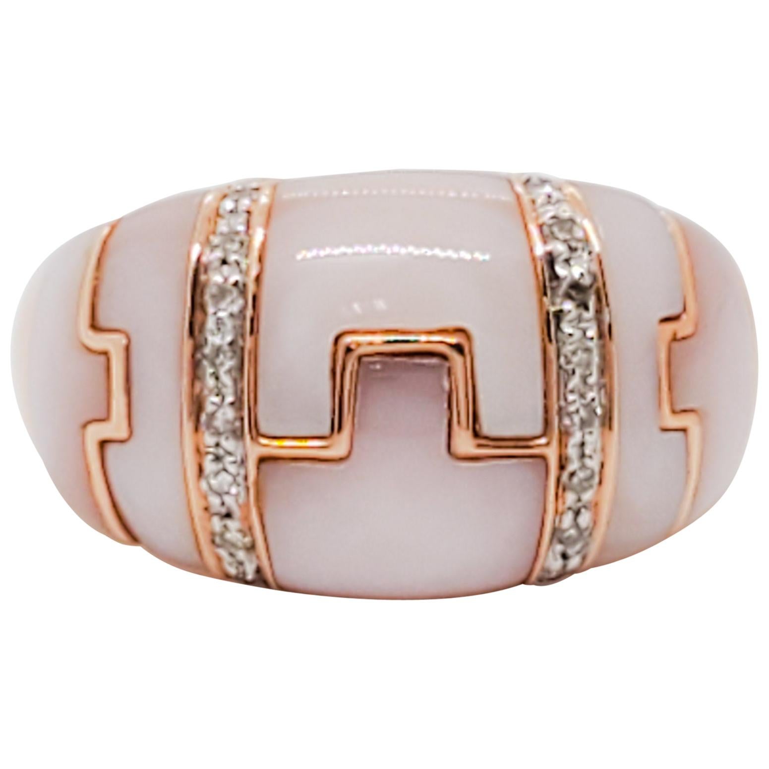 Estate Mother of Pearl and White Diamond Cocktail Ring in 14 Karat Rose Gold