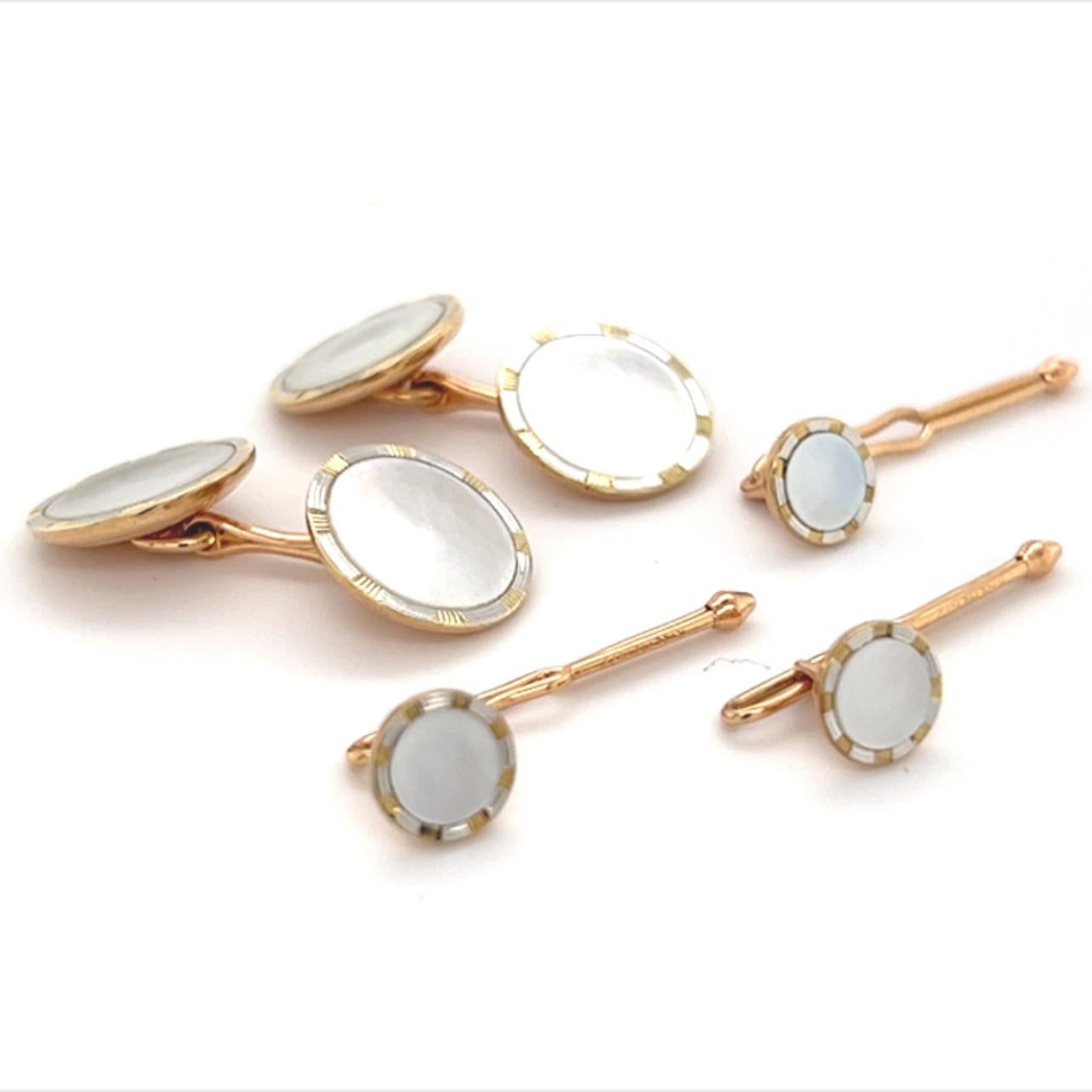 Estate Mother of Pearl Cufflinks Tuxedo Set 14k Gold 11.5 mm Certified In Good Condition For Sale In Brooklyn, NY