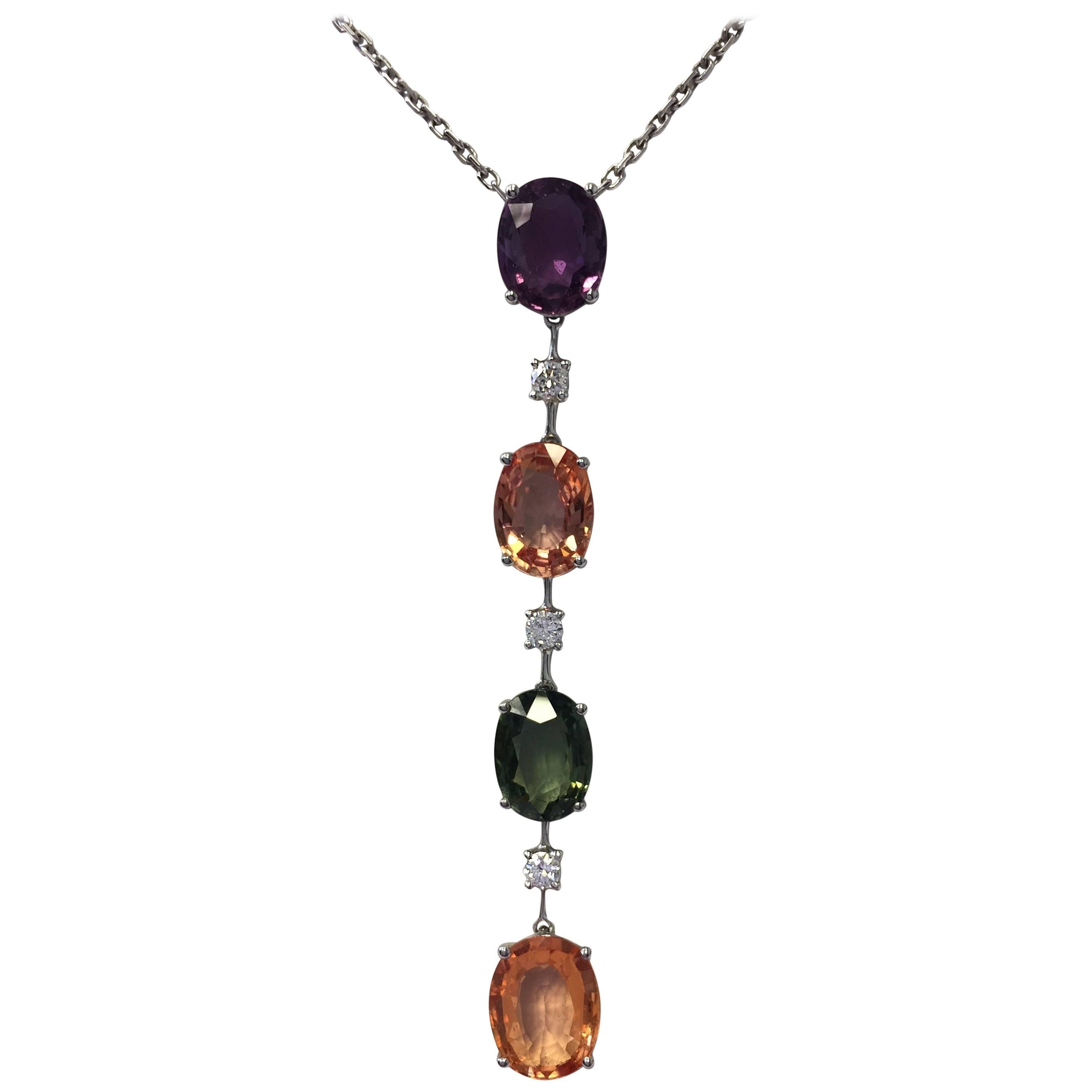 Estate Multi-Color Sapphire Oval and Diamond Drop Necklace in 14 Karat Gold