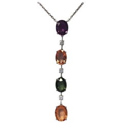 Estate Multi-Color Sapphire Oval and Diamond Drop Necklace in 14 Karat Gold