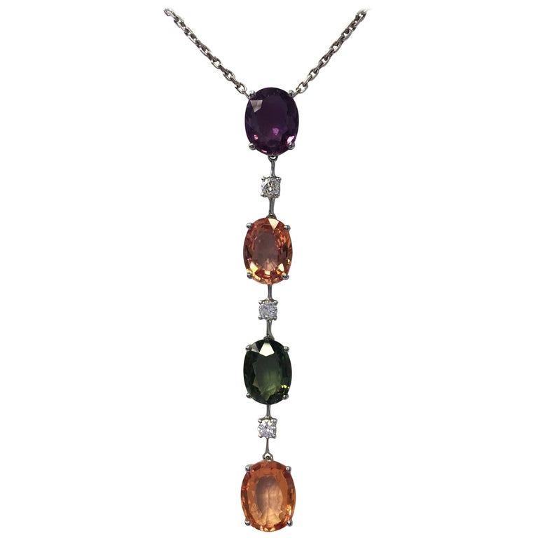 Estate Multi-Color Sapphire Oval and Diamond Drop Necklace in 14 Karat ...