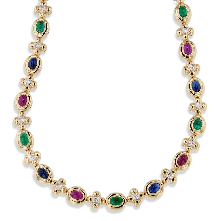 Estate Multi-Color Yellow Gold Sapphire, Rubies, Emerald Cabochons Necklace In Excellent Condition For Sale In Miami, FL