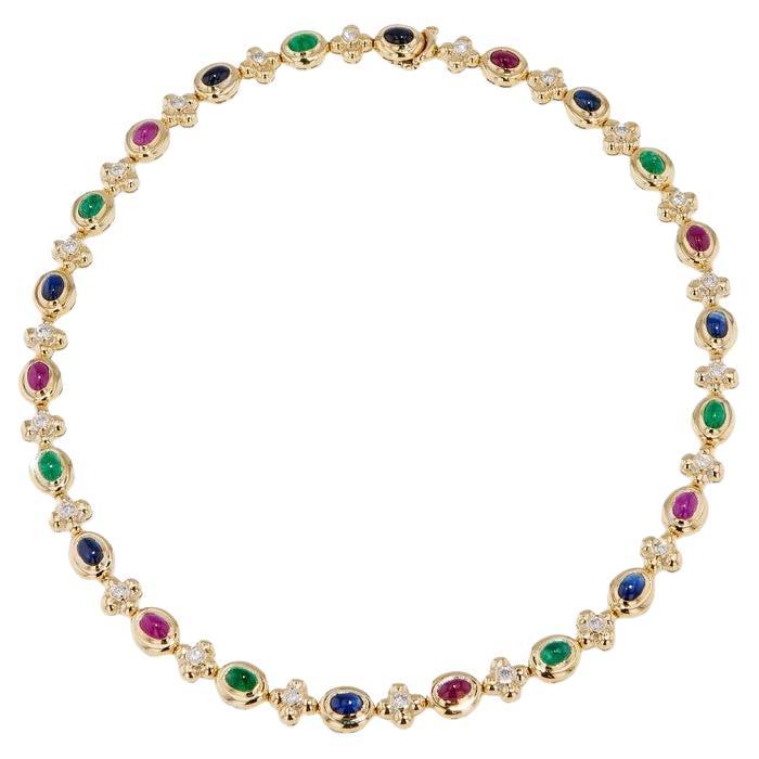 Estate Multi-Color Yellow Gold Sapphire, Rubies, Emerald Cabochons Necklace For Sale