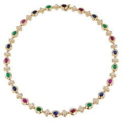 Vintage Estate Multi-Color Yellow Gold Sapphire, Rubies, Emerald Cabochons Necklace