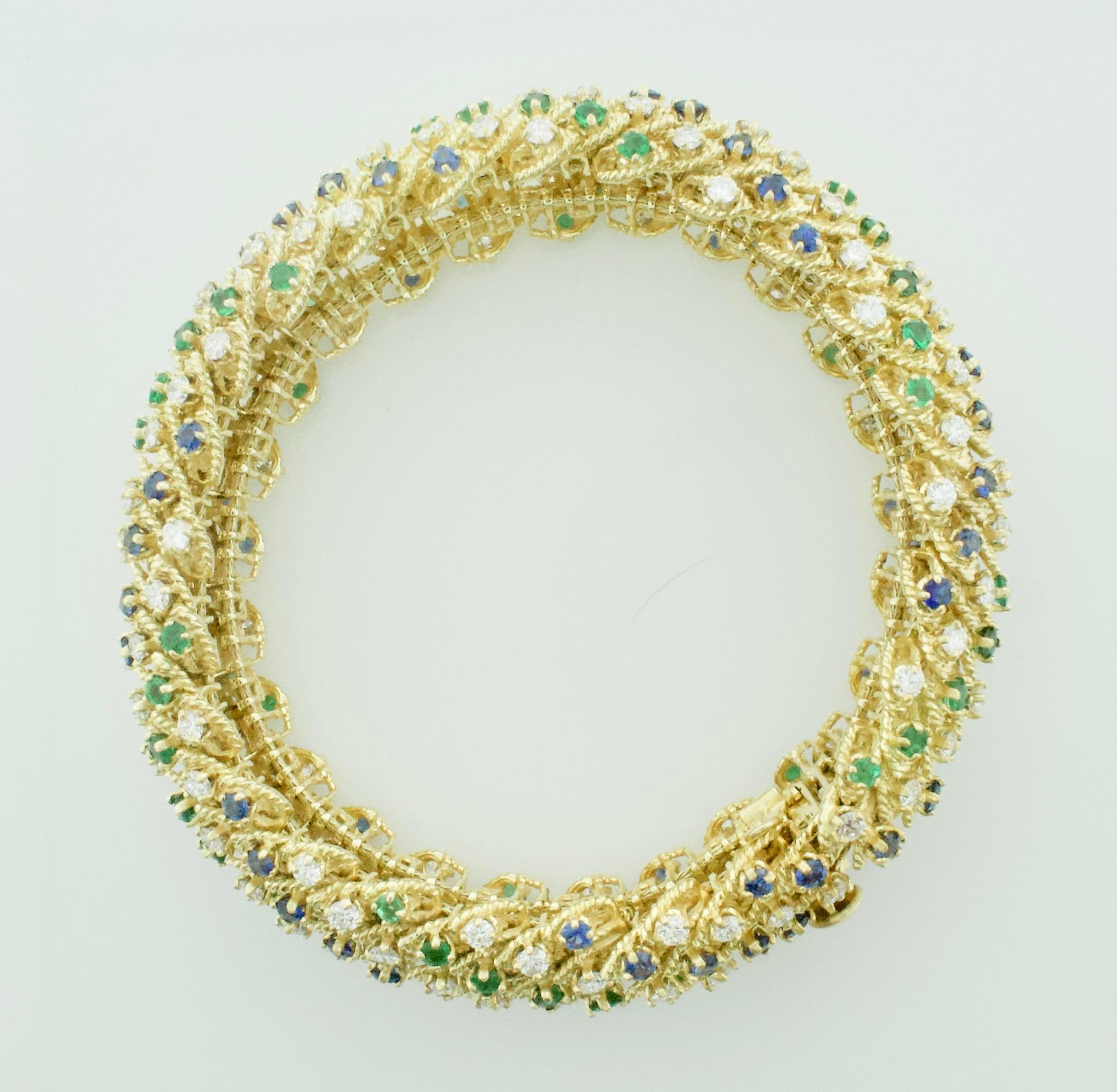 Women's or Men's Estate Multi-Colored Diamond, Emerald and Sapphire Bracelet in 18k Yellow Gold For Sale
