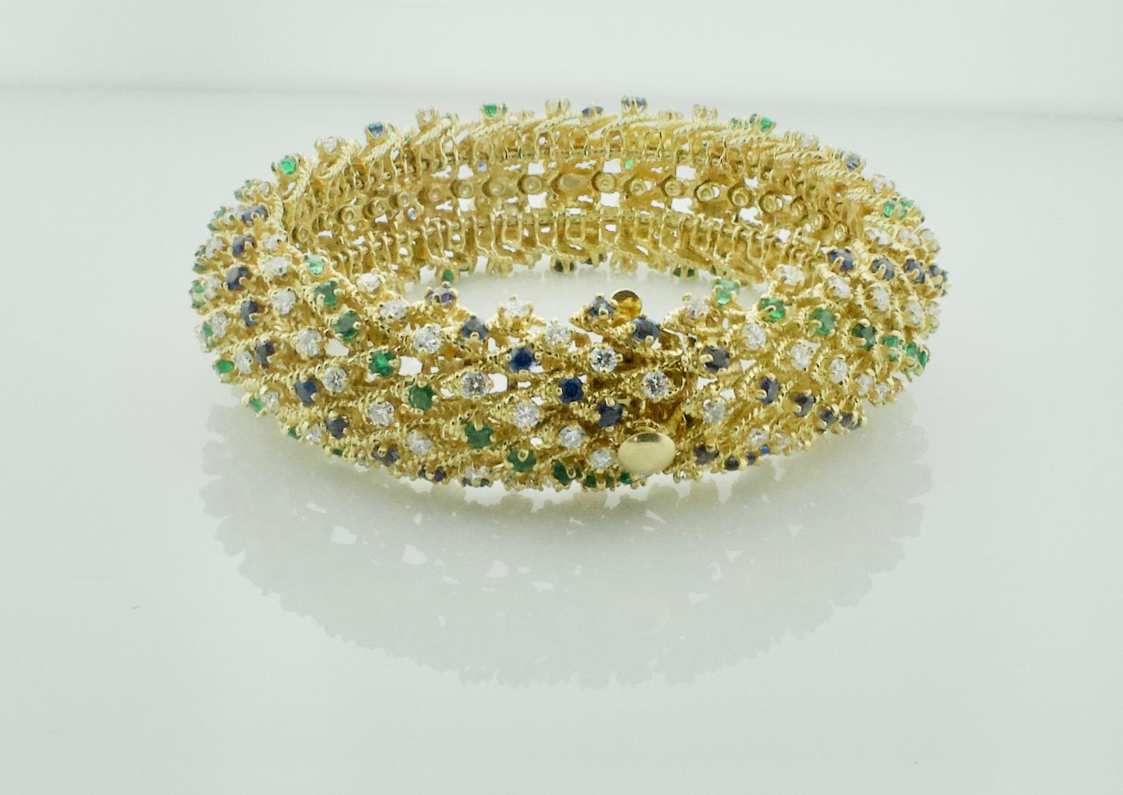 Estate Multi-Colored Diamond, Emerald and Sapphire Bracelet in 18k Yellow Gold For Sale 1