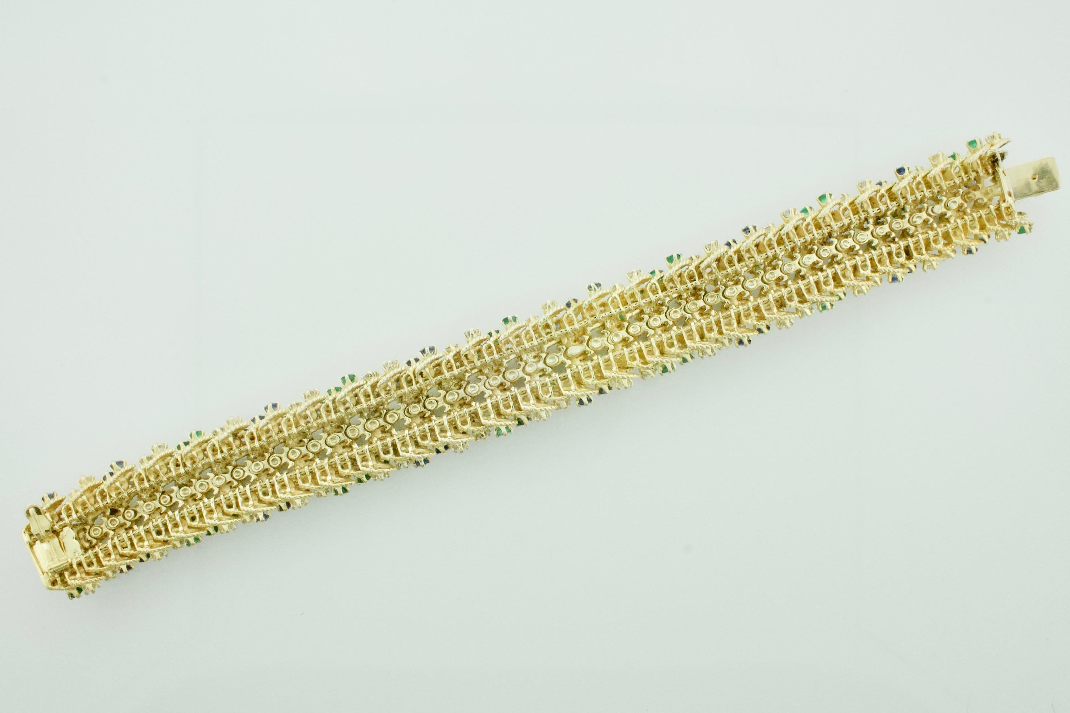 Estate Multi-Colored Diamond, Emerald and Sapphire Bracelet in 18k Yellow Gold For Sale 2