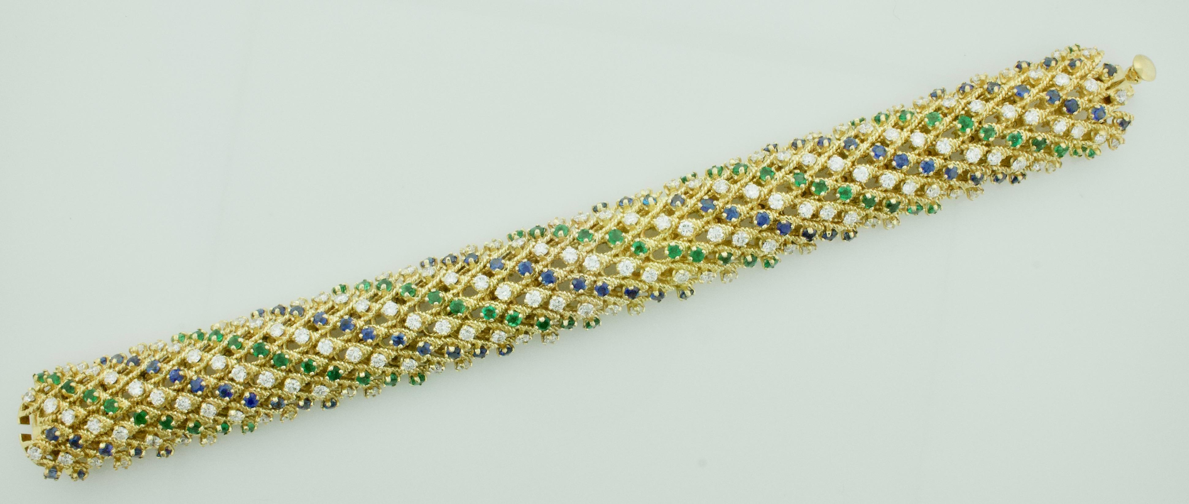 Estate Multi-Colored Diamond, Emerald and Sapphire Bracelet in 18k Yellow Gold For Sale 3