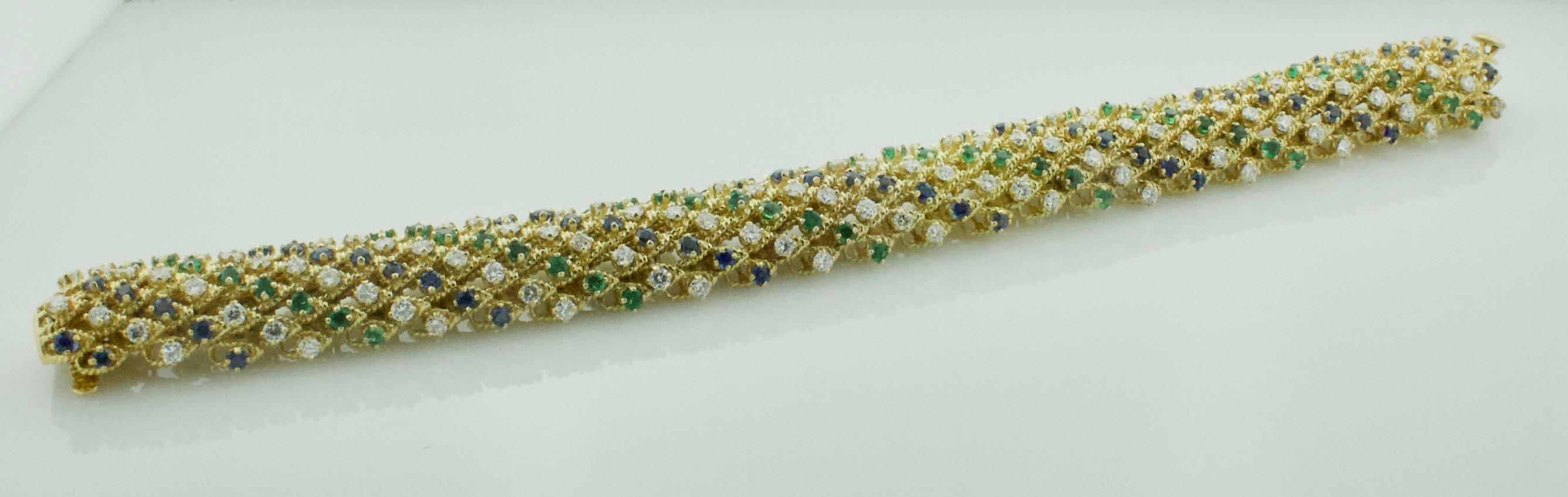 Estate Multi-Colored Diamond, Emerald and Sapphire Bracelet in 18k Yellow Gold For Sale 4