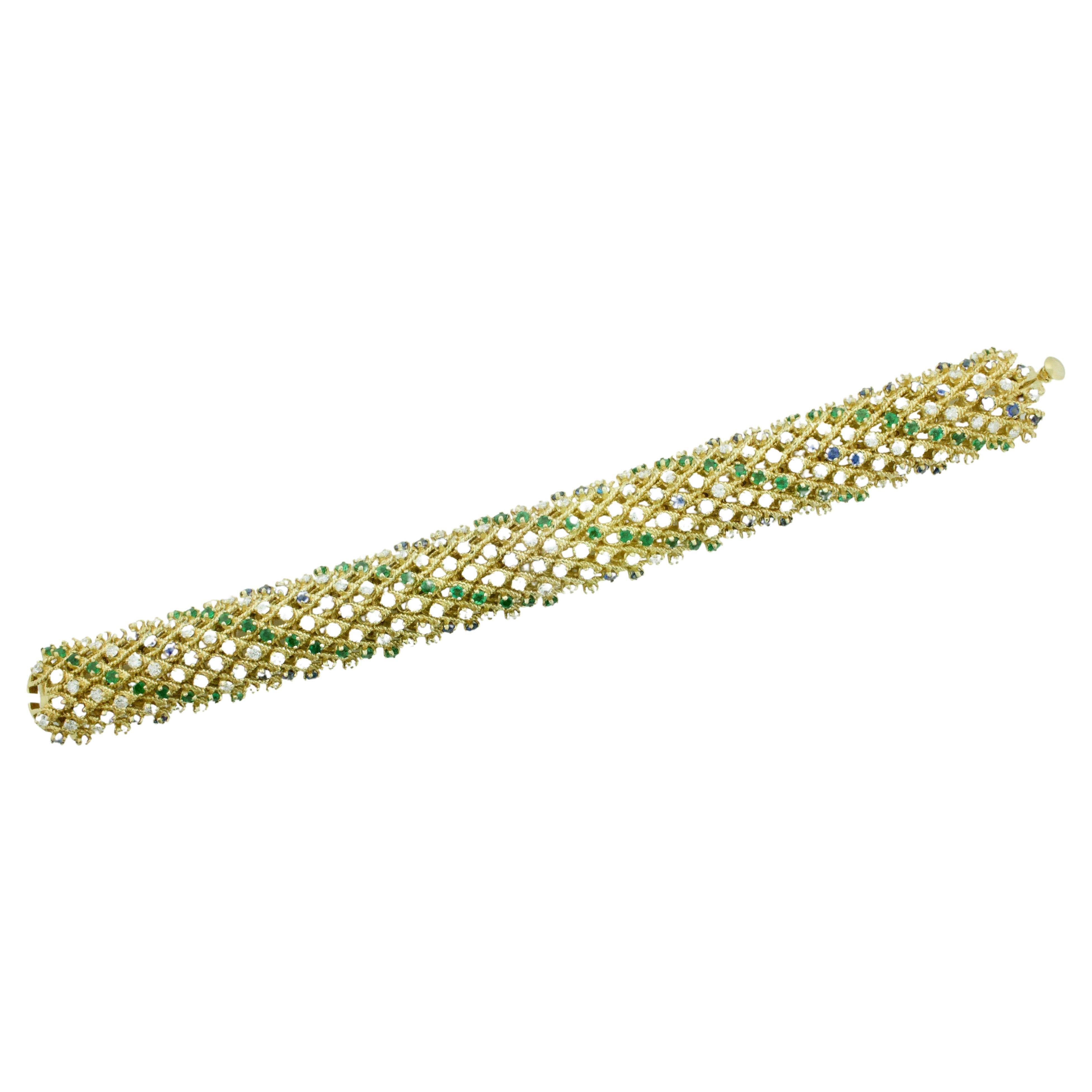 Estate Multi-Colored Diamond, Emerald and Sapphire Bracelet in 18k Yellow Gold For Sale