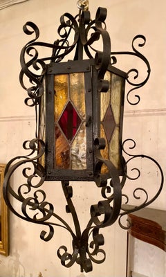 Estate Multicolored Glass Wrought Iron Lantern
