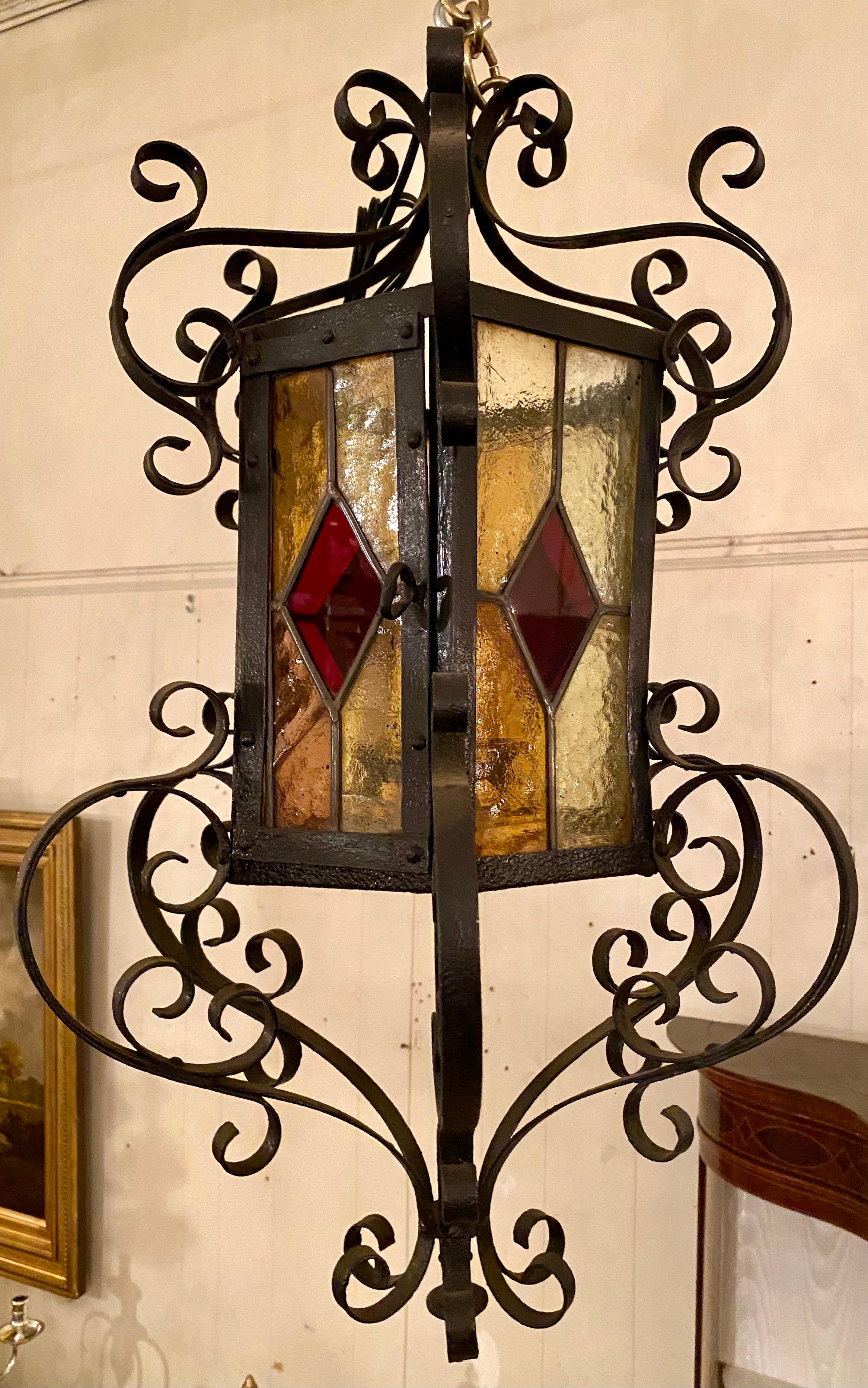 French Estate Multicolored Glass Wrought Iron Lantern For Sale