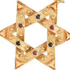 Estate Multi Gemstone 18K Gold Large Star Of David Insert Pendant