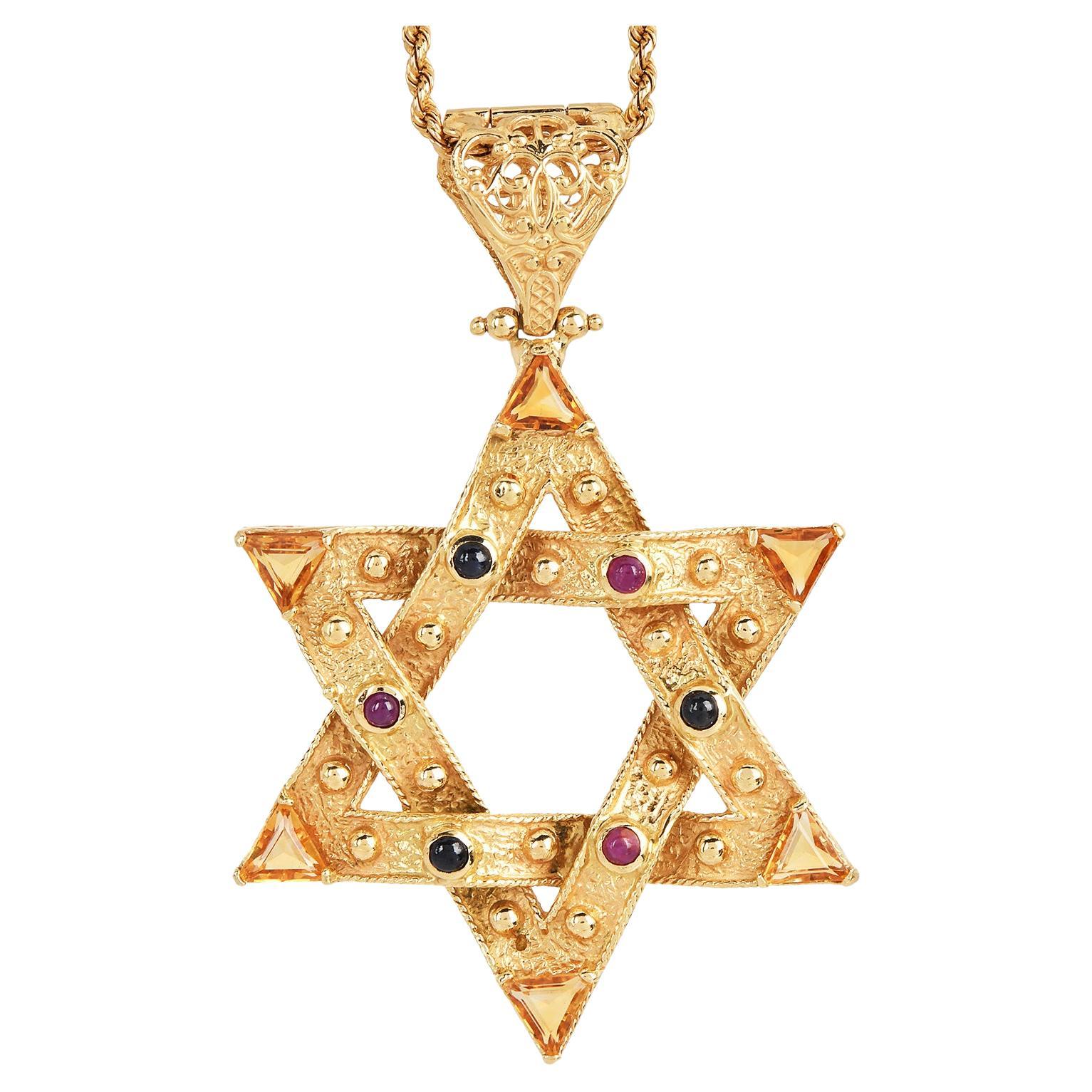 Estate Multi Gemstone 18K Gold Large Star Of David Insert Pendant