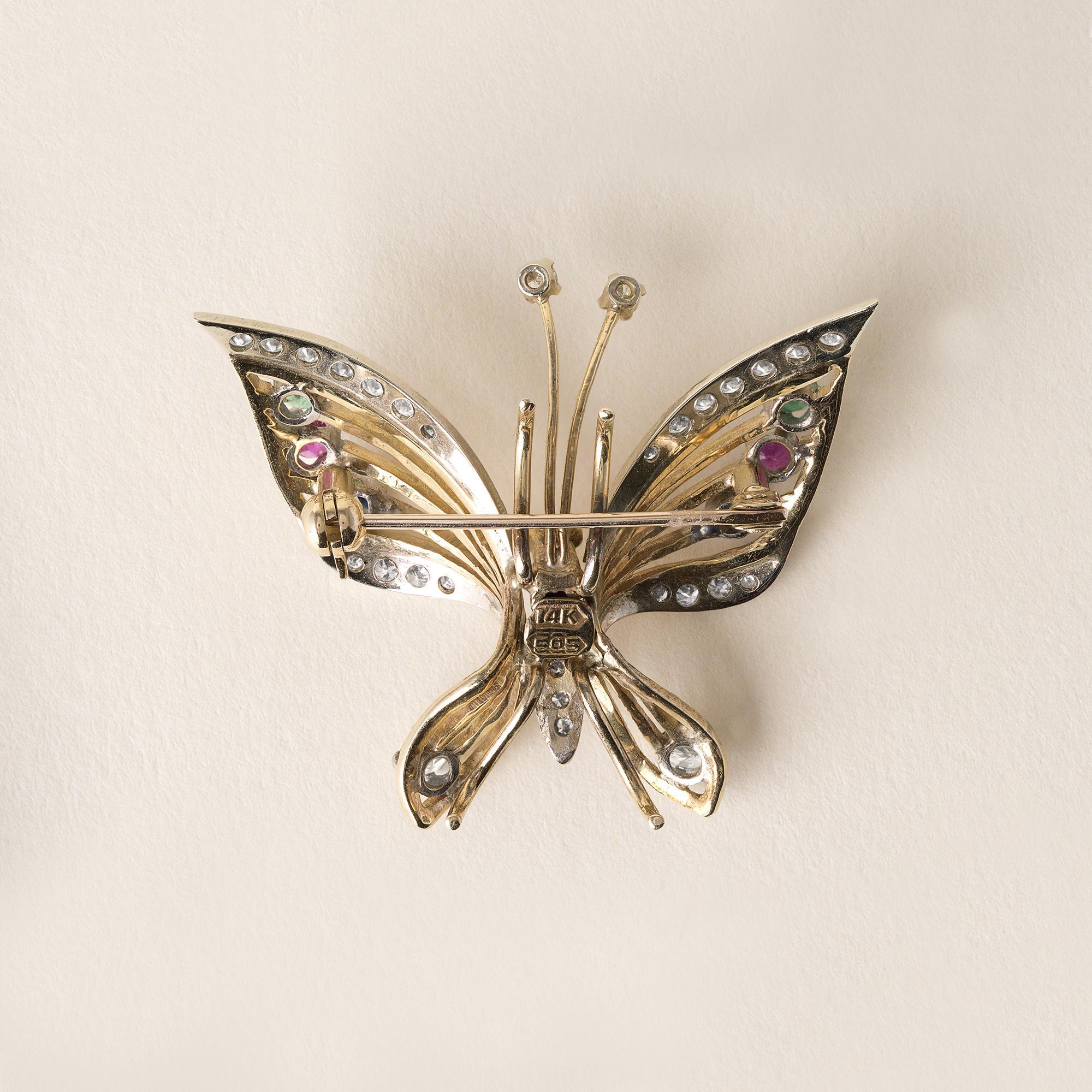 Spilla a forma di farfalla con più pietre e diamanti in oro bicolore 14K In condizioni buone in vendita a Los Angeles, CA