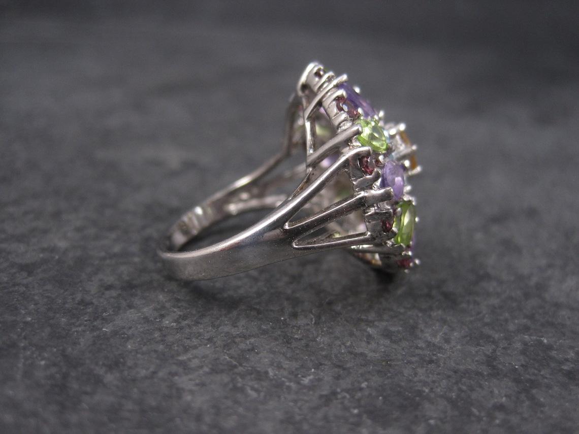 Mixed Cut Estate Multi Gemstone Statement Ring Sterling Size 7.5 For Sale
