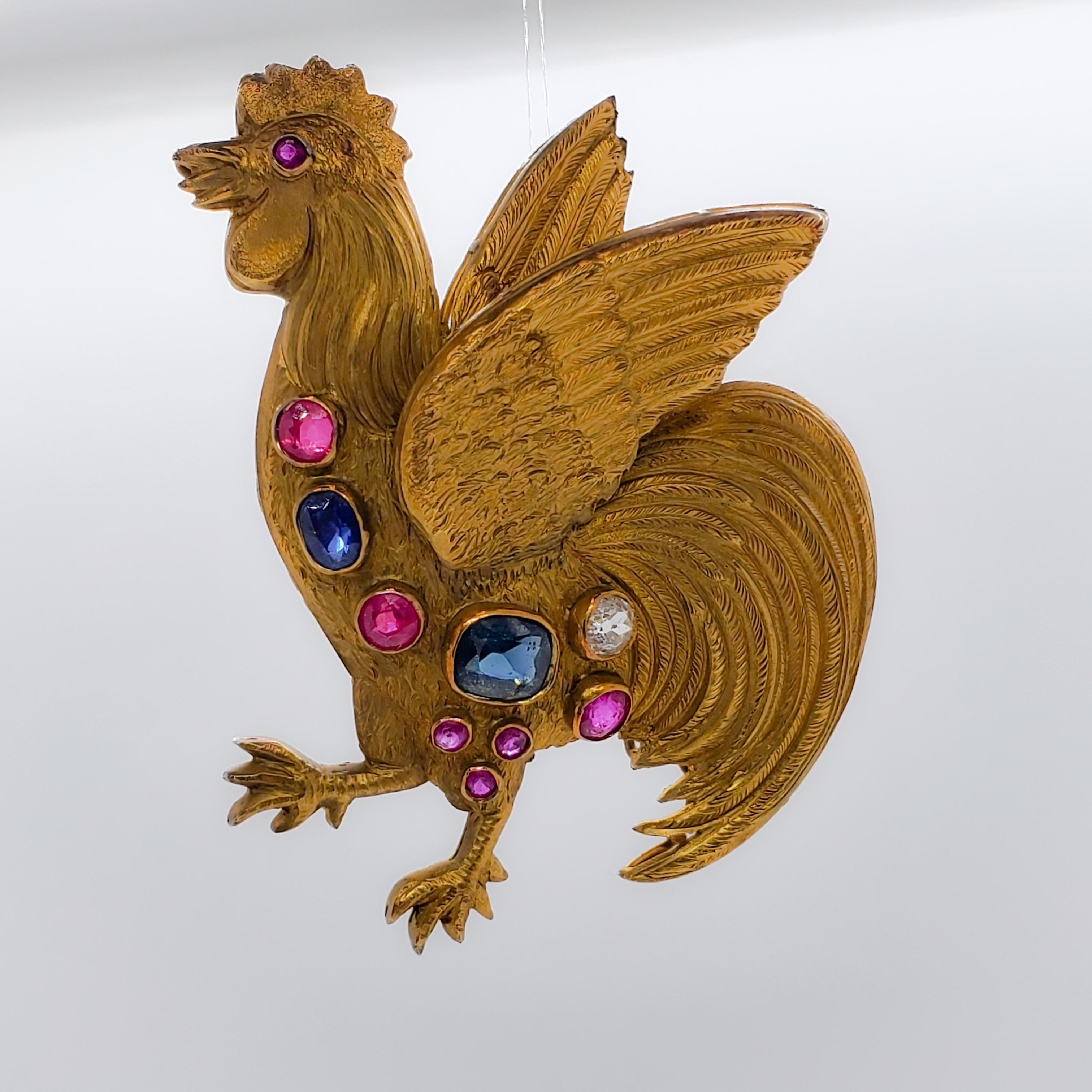 Estate Multi Stone and White Diamond Rooster Brooch in 18 Karat Yellow Gold In Excellent Condition In Los Angeles, CA