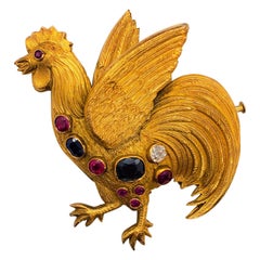 Estate Multi Stone and White Diamond Rooster Brooch in 18 Karat Yellow Gold