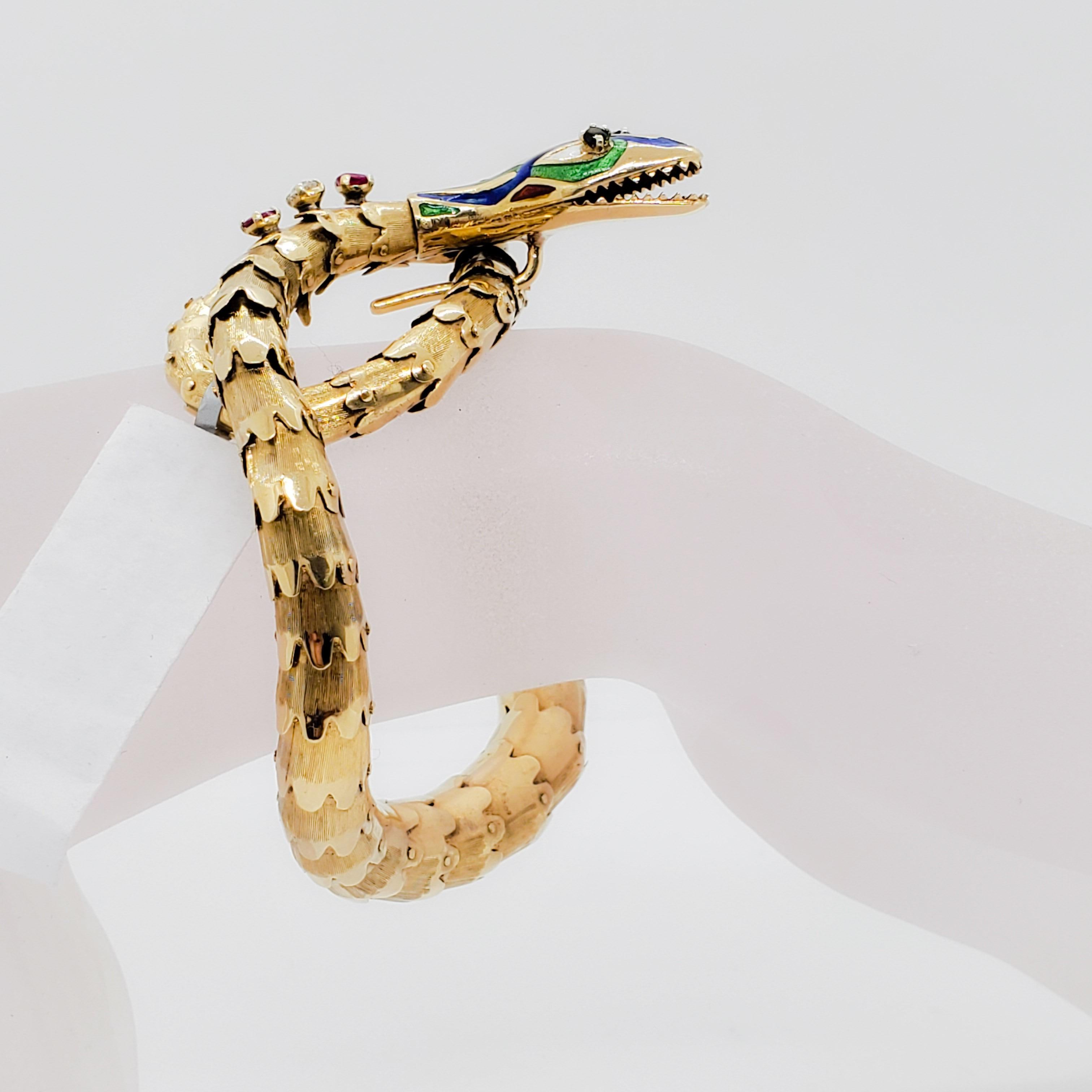 Estate Multicolor Enamel and White Diamond Serpent Bracelet In Excellent Condition In Los Angeles, CA