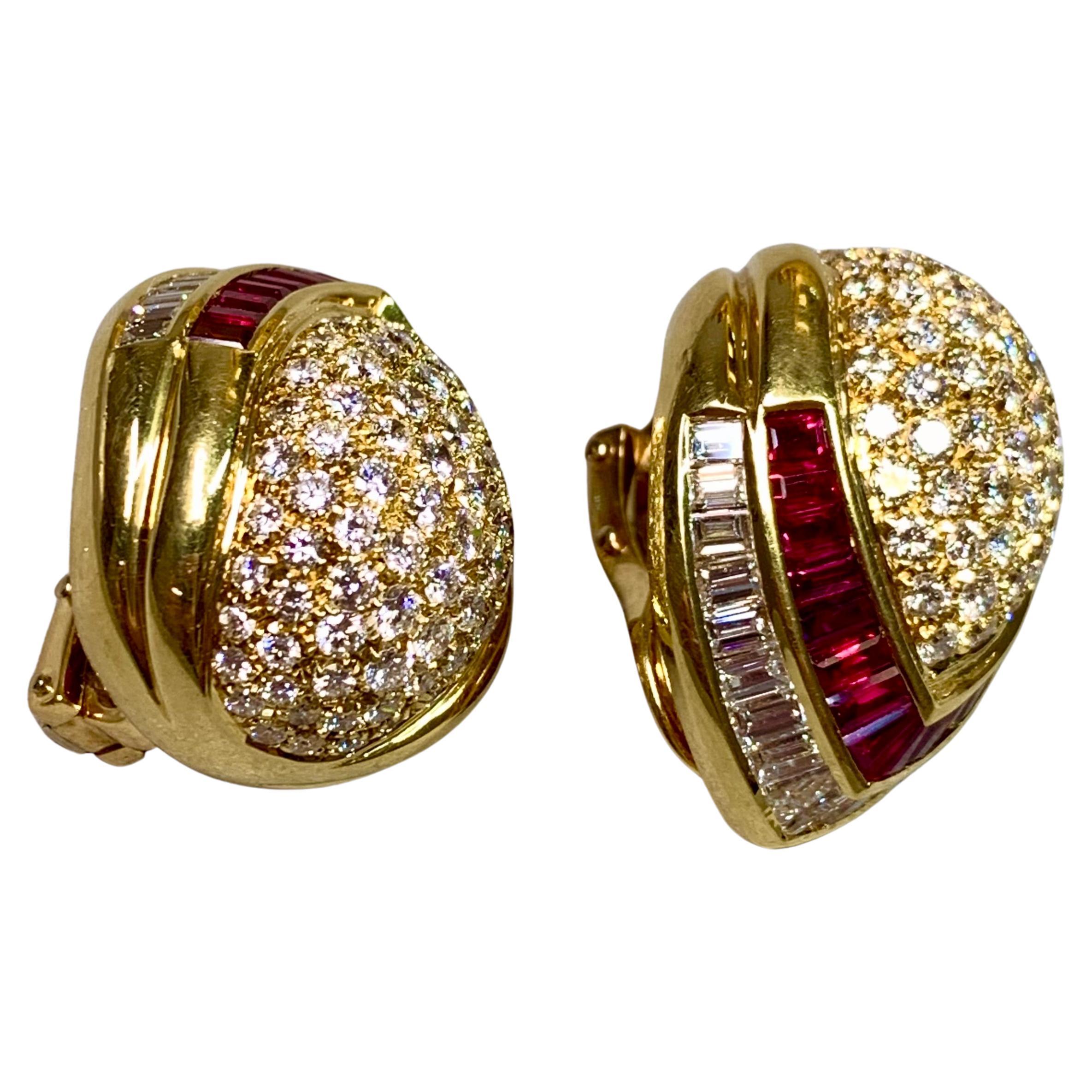 Estate NAMDAR 18K Pave Diamond Ruby Huggie Omega Clip Earrings 9ctw