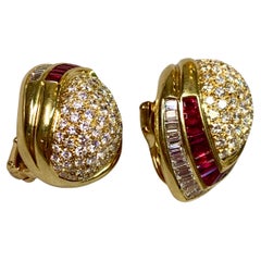 Estate NAMDAR 18K Pave Diamond Ruby Huggie Omega Clip Earrings 9ctw