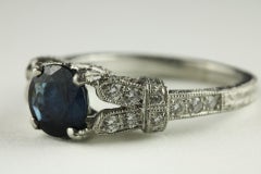 Estate Natural Blue Sapphire and Diamond Engagement Ring