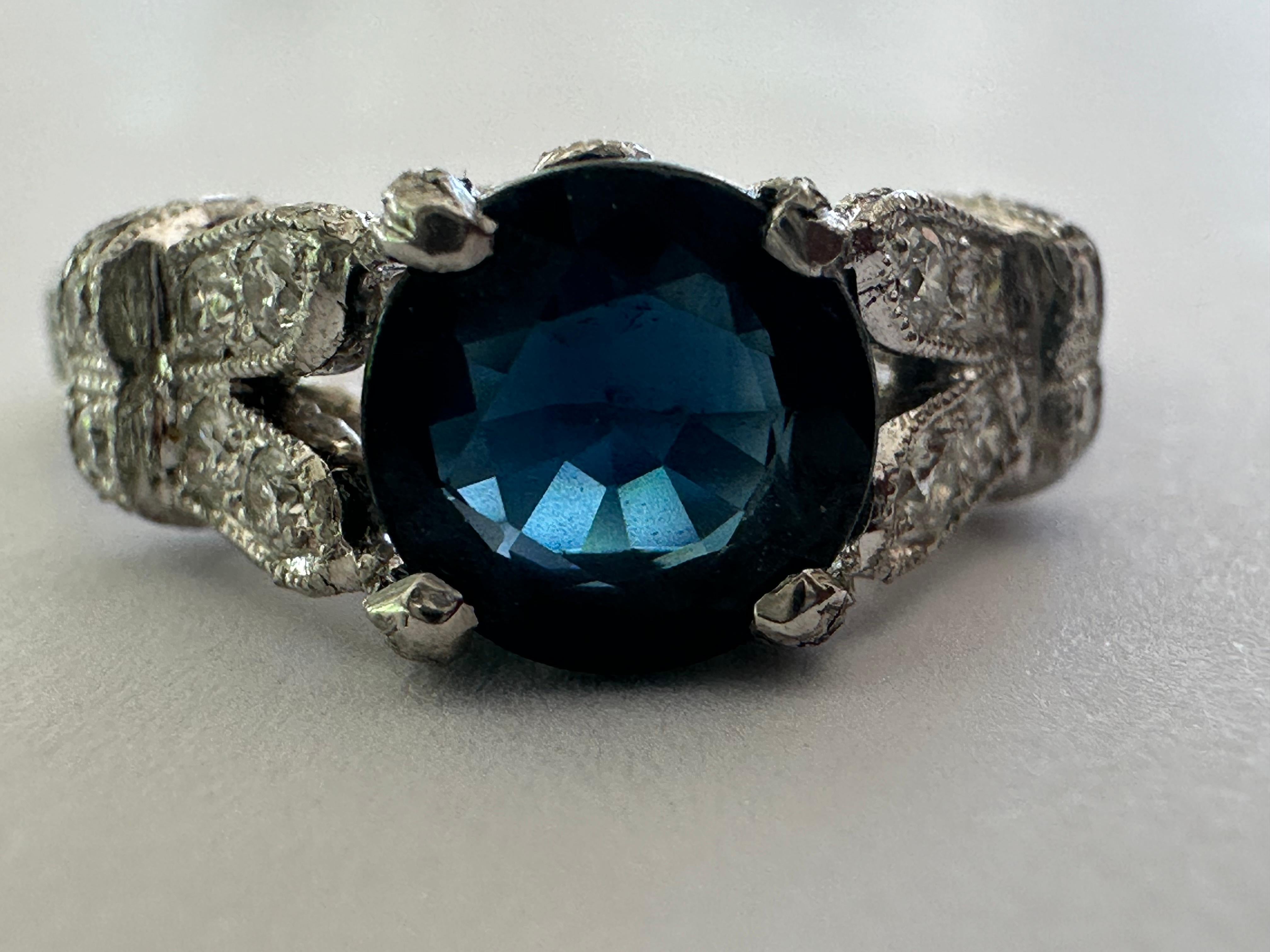 Estate Natural Blue Sapphire and Diamond Engagement Ring For Sale 2