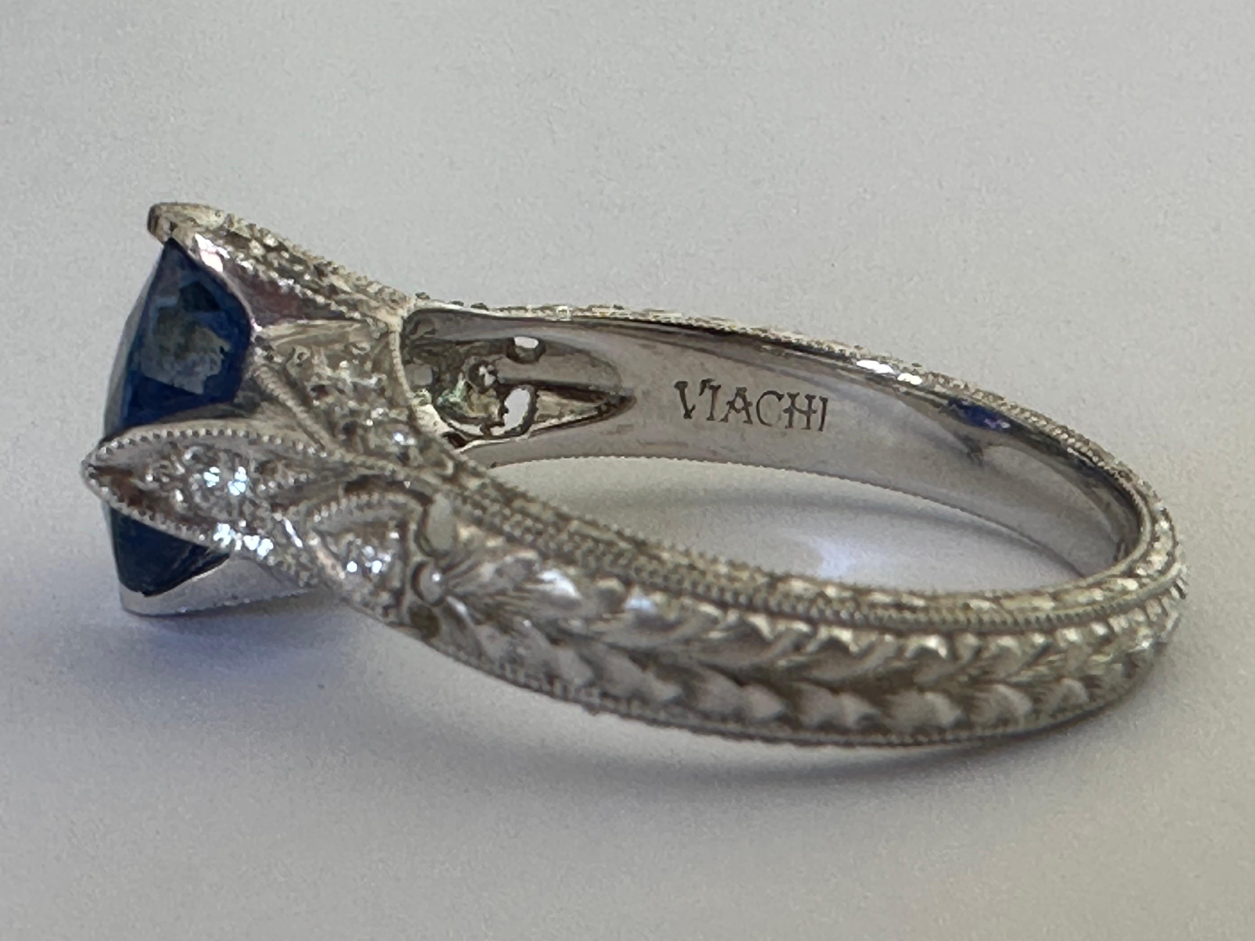 Round Cut Estate Natural Blue Sapphire and Diamond Ring For Sale
