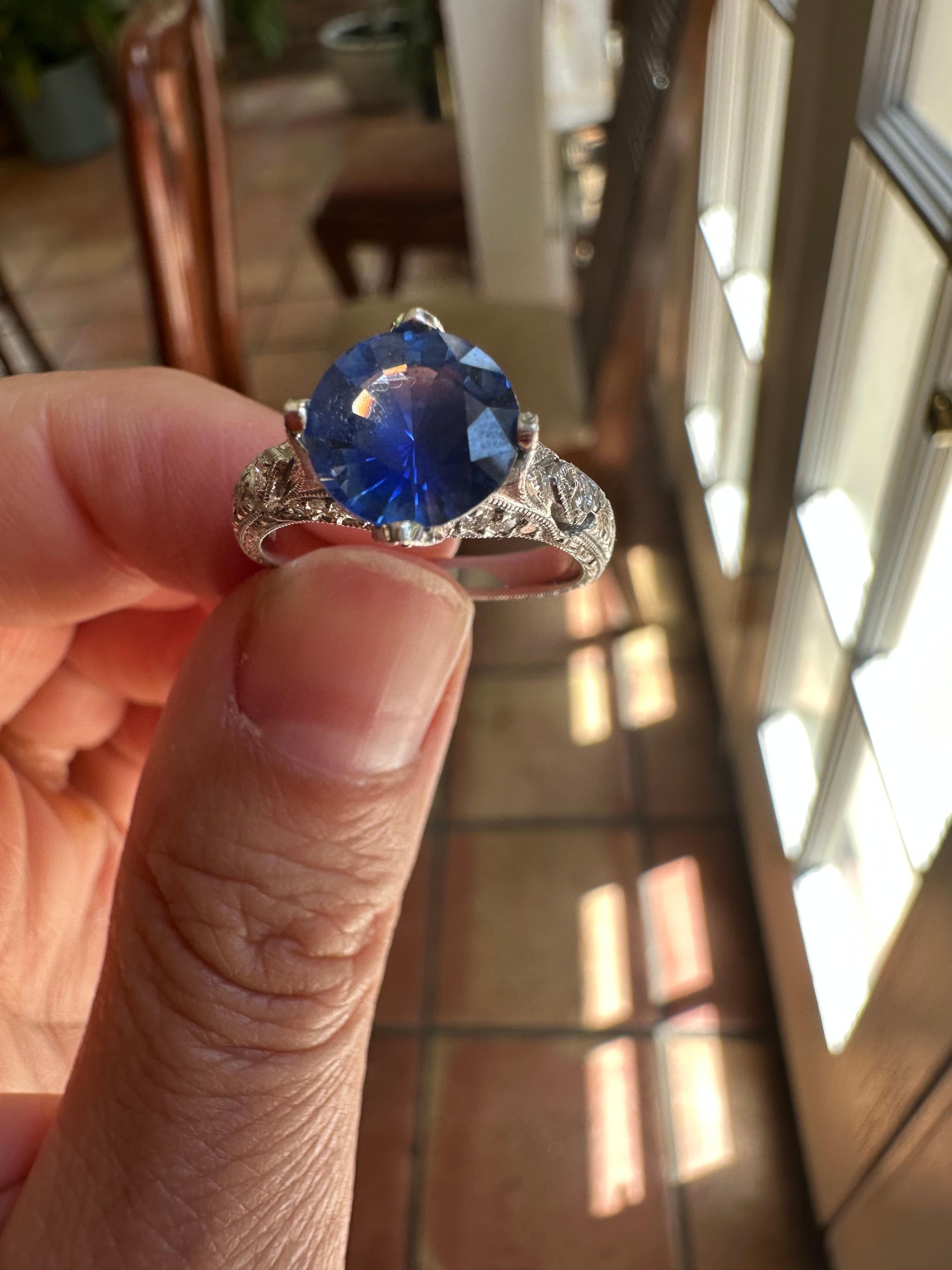 Estate Natural Blue Sapphire and Diamond Ring For Sale 2