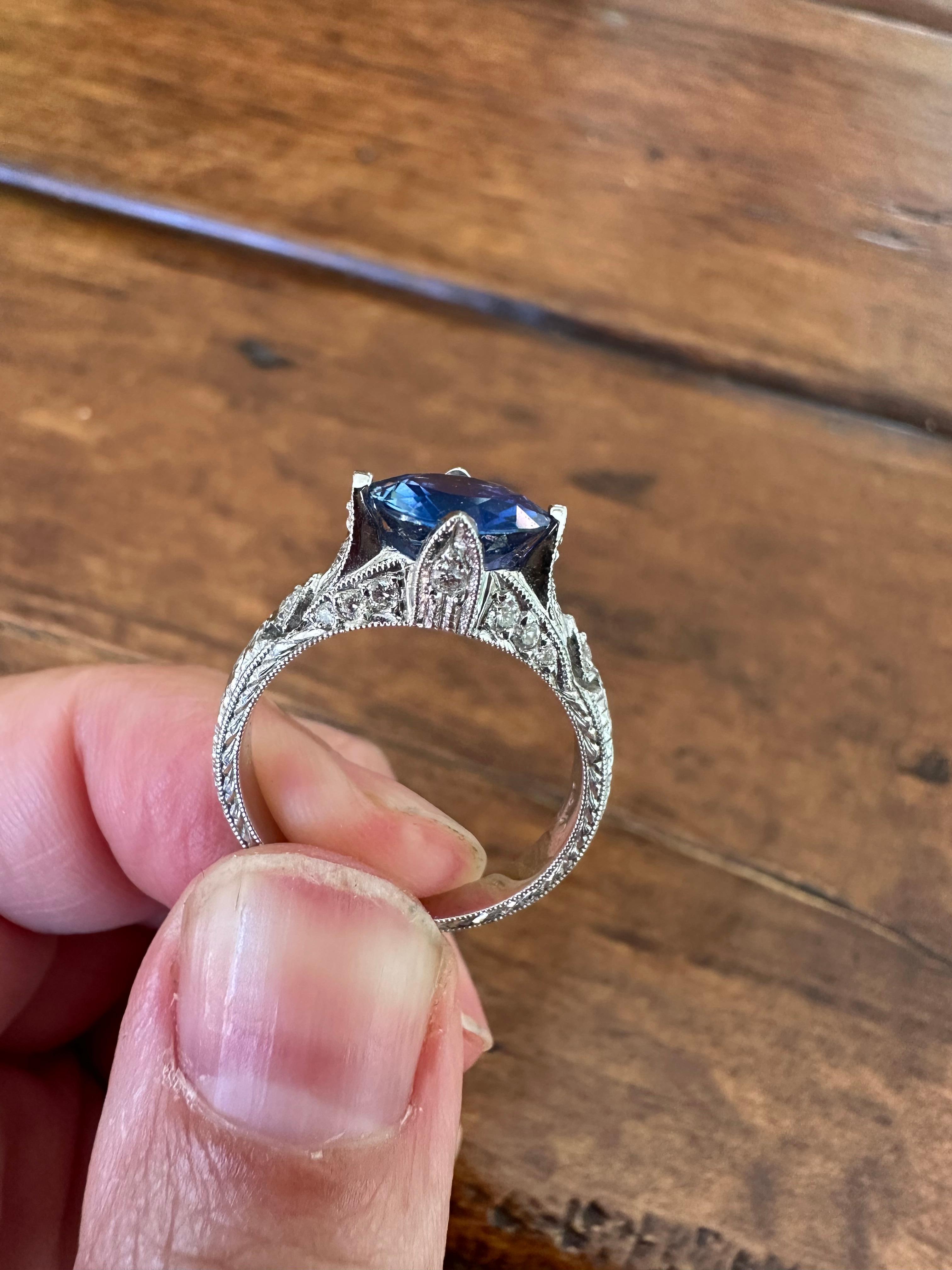 Estate Natural Blue Sapphire and Diamond Ring For Sale 3