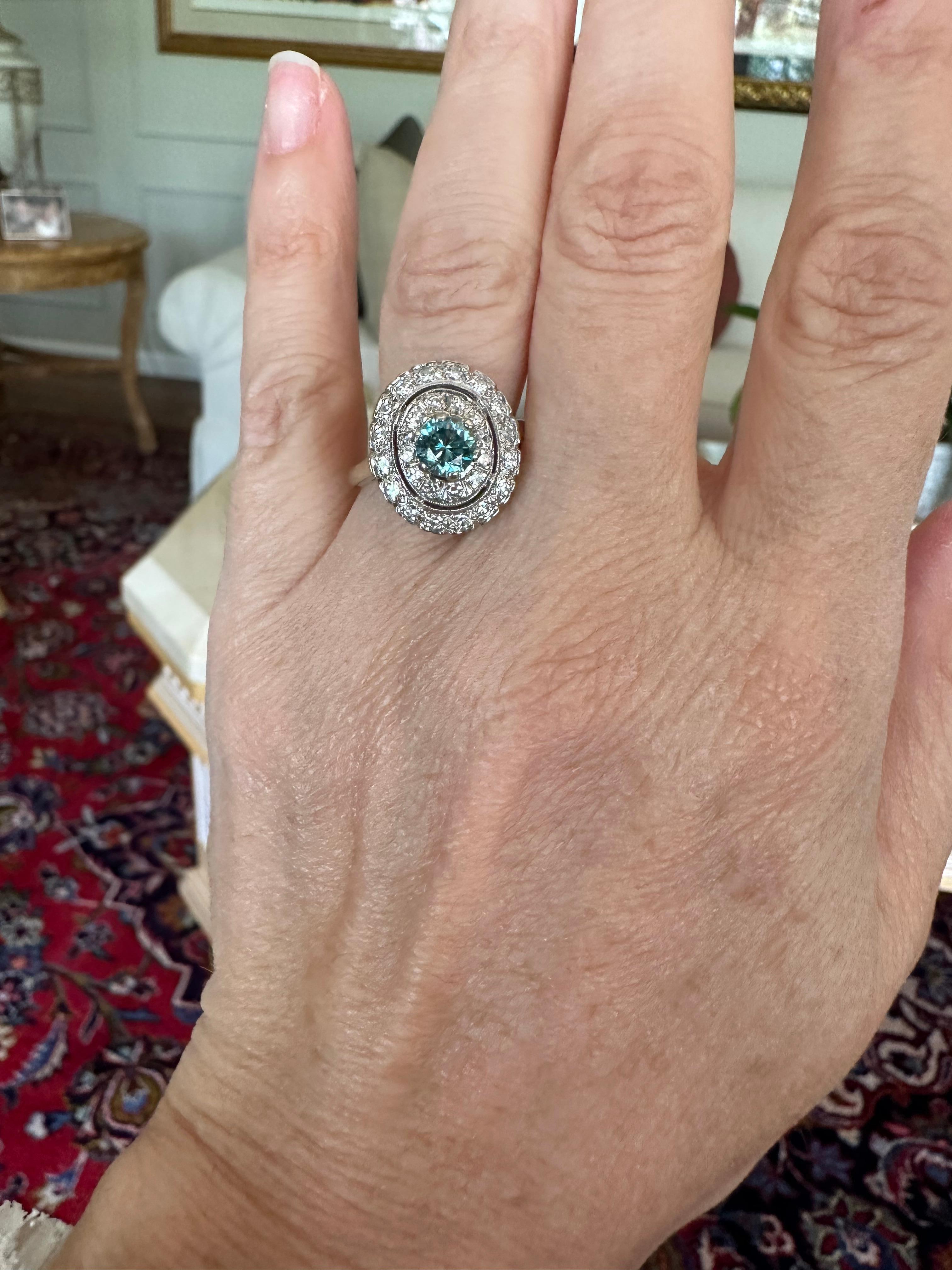 Estate Natural Blue Zircon and Diamond Double Halo Cocktail Ring  For Sale 3